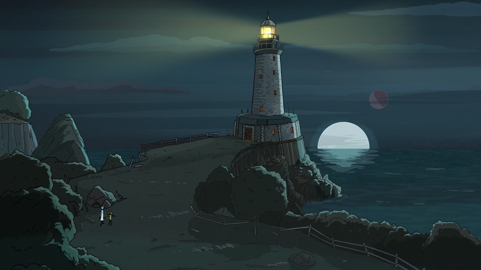 Rick and Morty at a Lighthouse HD Wallpaper