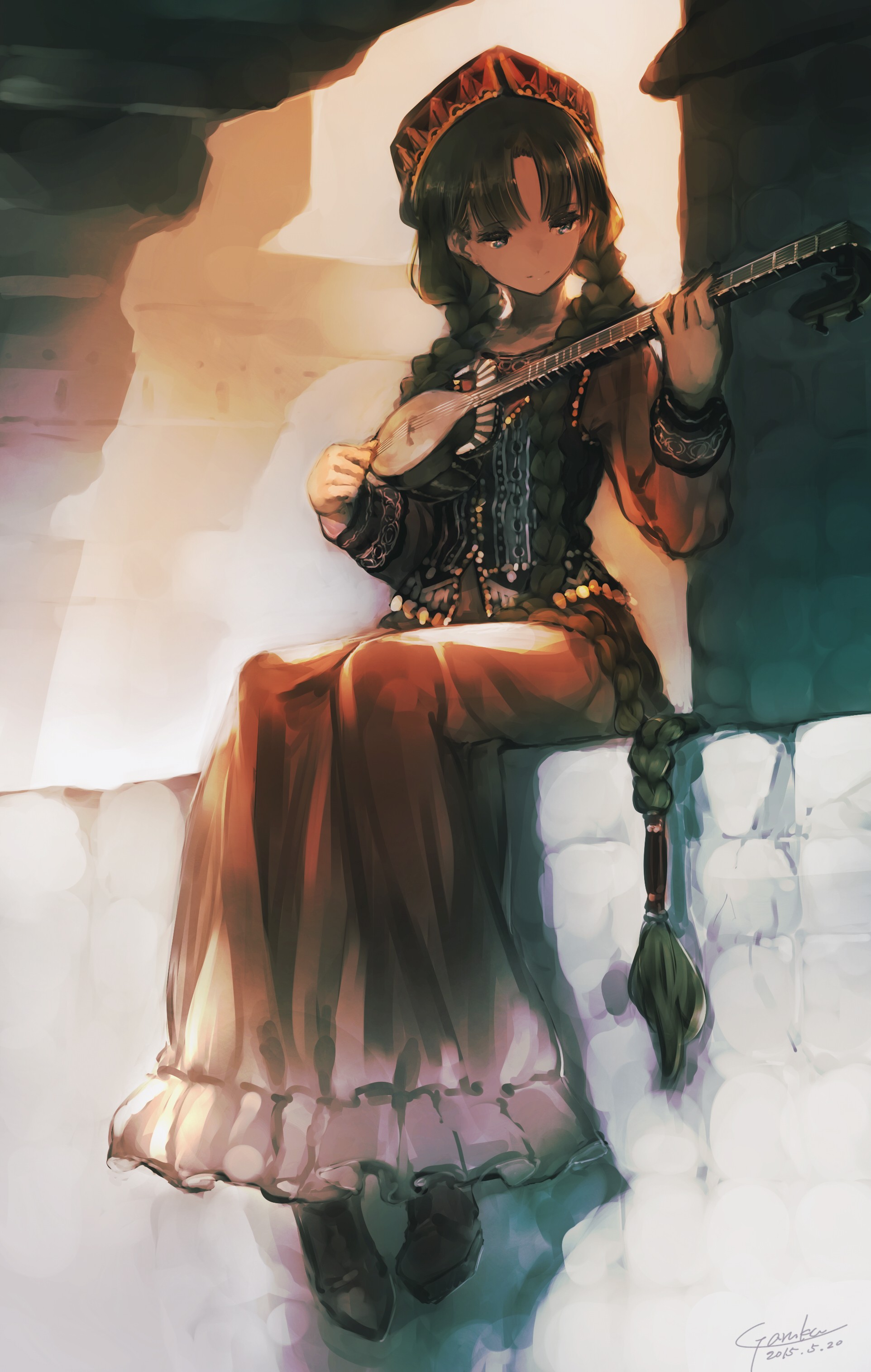 Girl in traditional clothing playing a stringed instrument HD Wallpaper