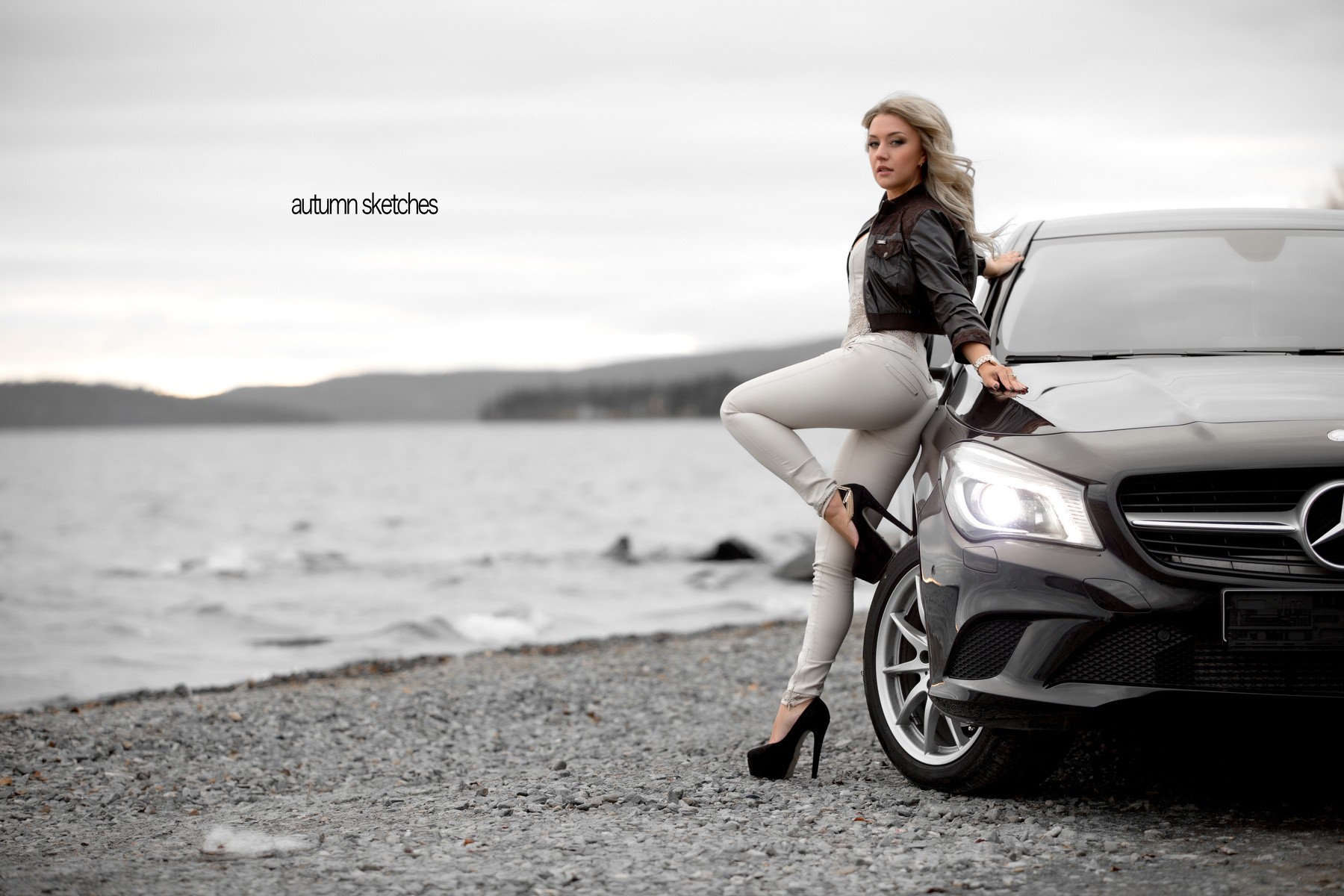 pants, blonde, leather jackets, high heels, women with cars, car, Mercedes-Benz, women outdoors, black heels, women HD Wallpaper