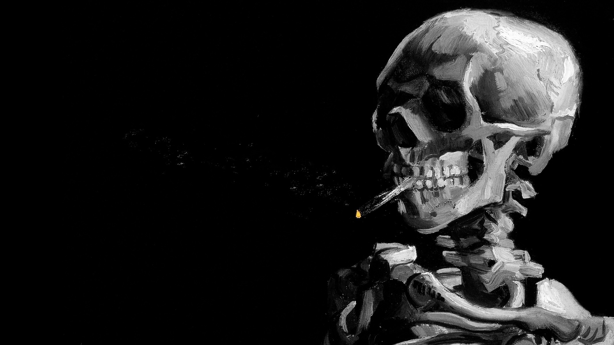 Painting of a smoking skeleton on a black background HD Wallpaper