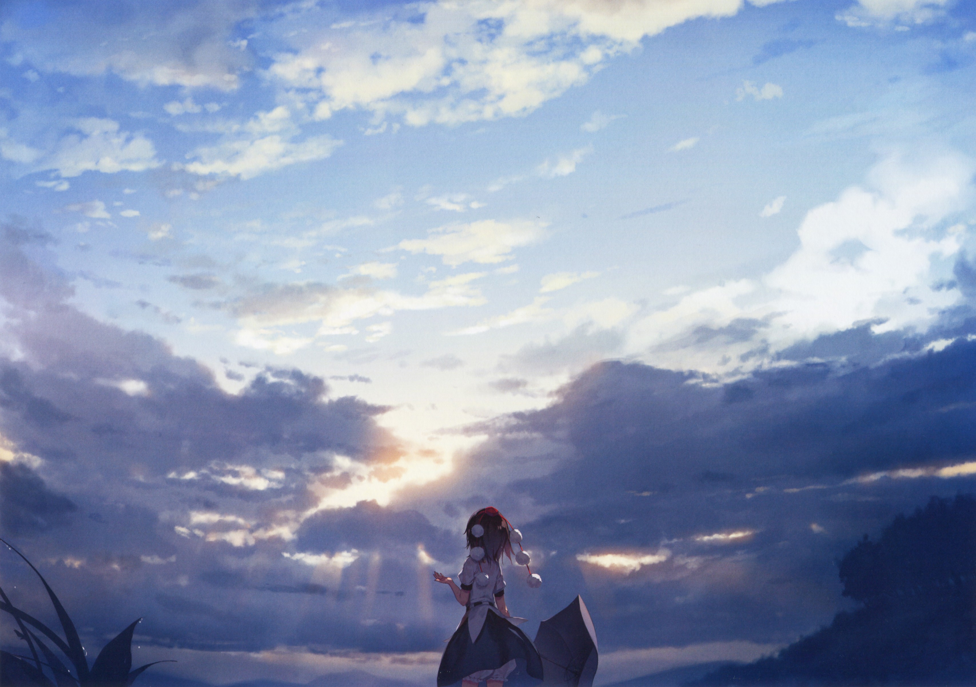 Shameimaru Aya stands under a cloudy sky with an umbrella HD Wallpaper