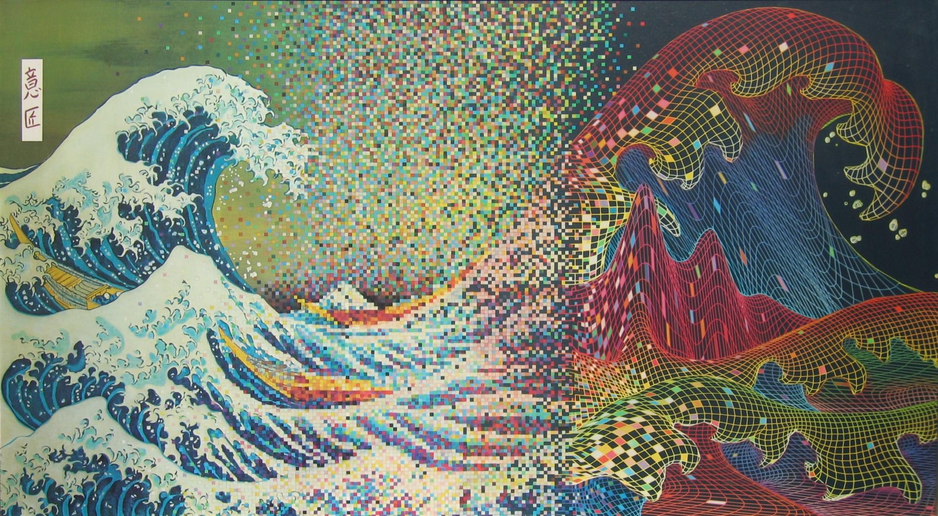 The Great Wave off Kanagawa reimagined with digital pixels and wireframes HD Wallpaper
