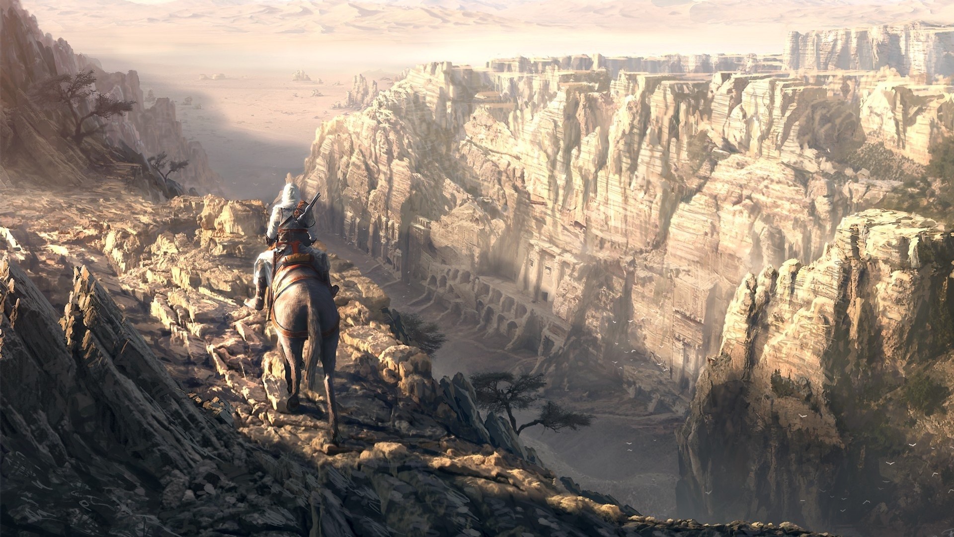 Altaïr Ibn-LaAhad on horseback in a canyon HD Wallpaper