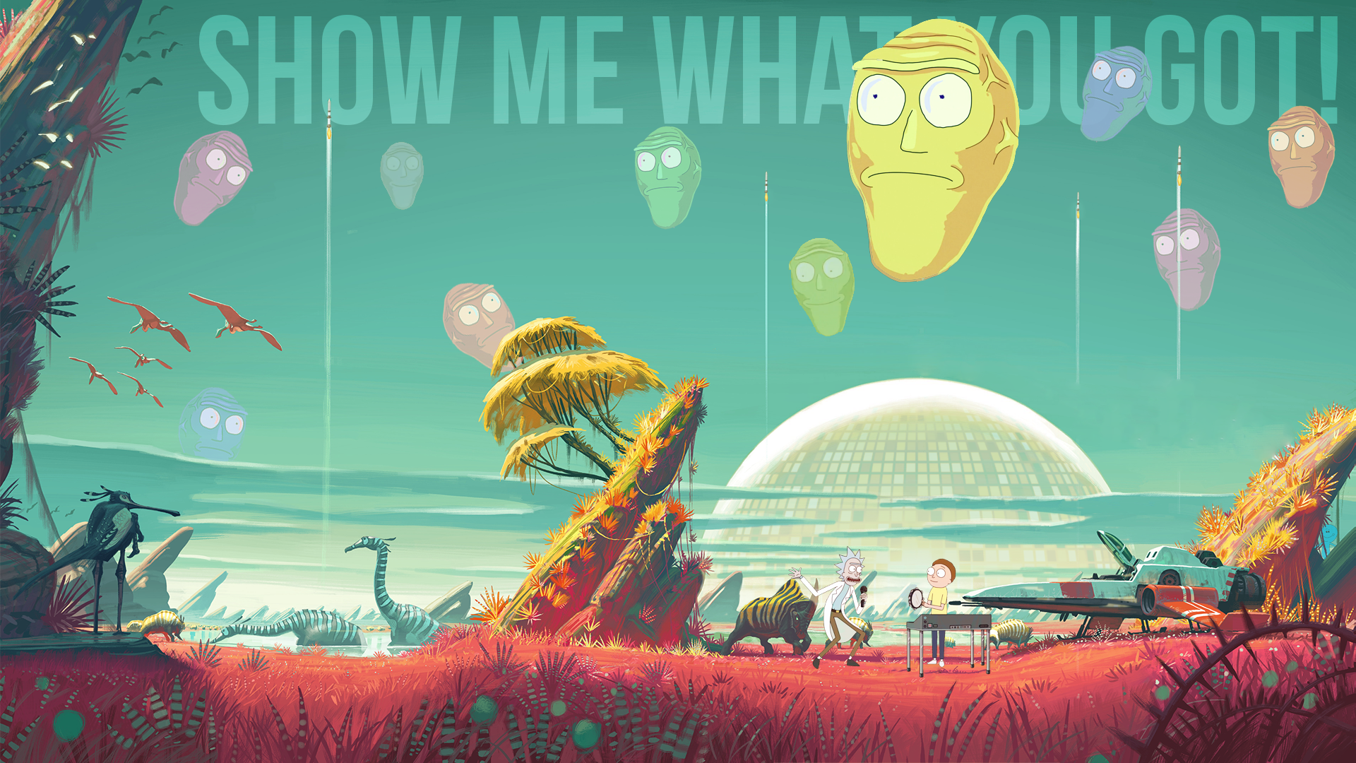 Rick and Morty in an Alien Landscape HD Wallpaper