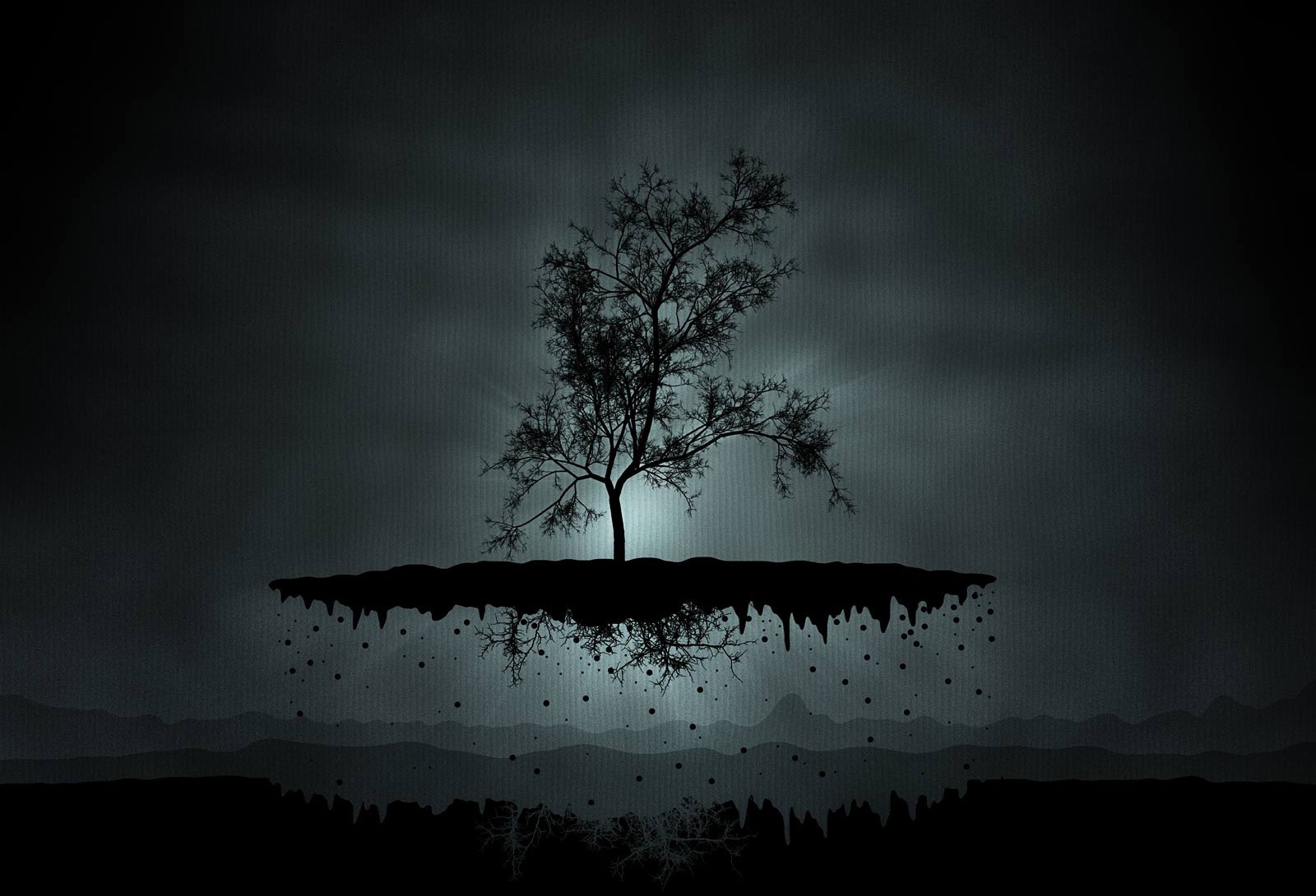 Silhouette of a tree on a floating island HD Wallpaper