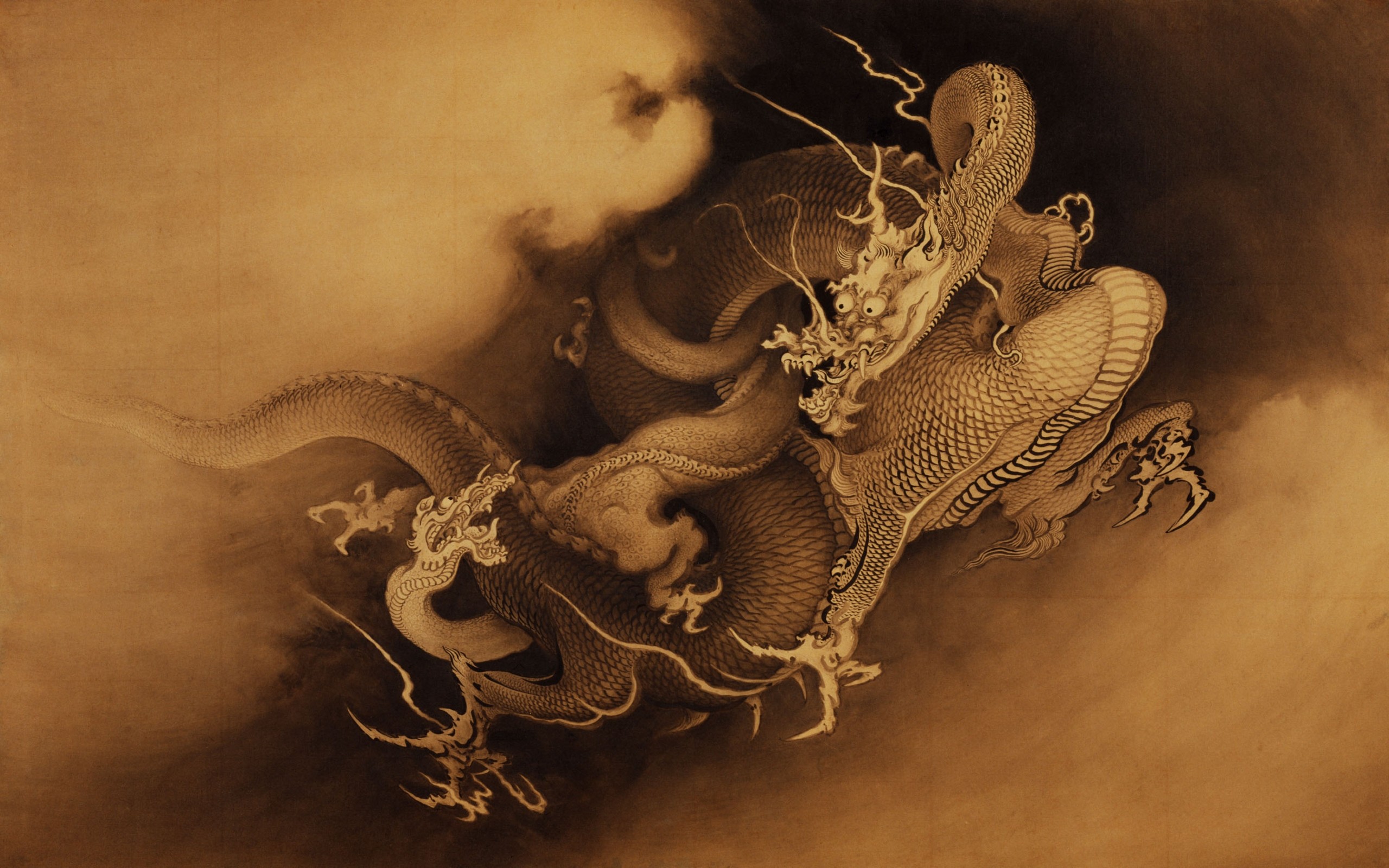 Two Chinese dragons fighting amidst clouds HD Wallpaper