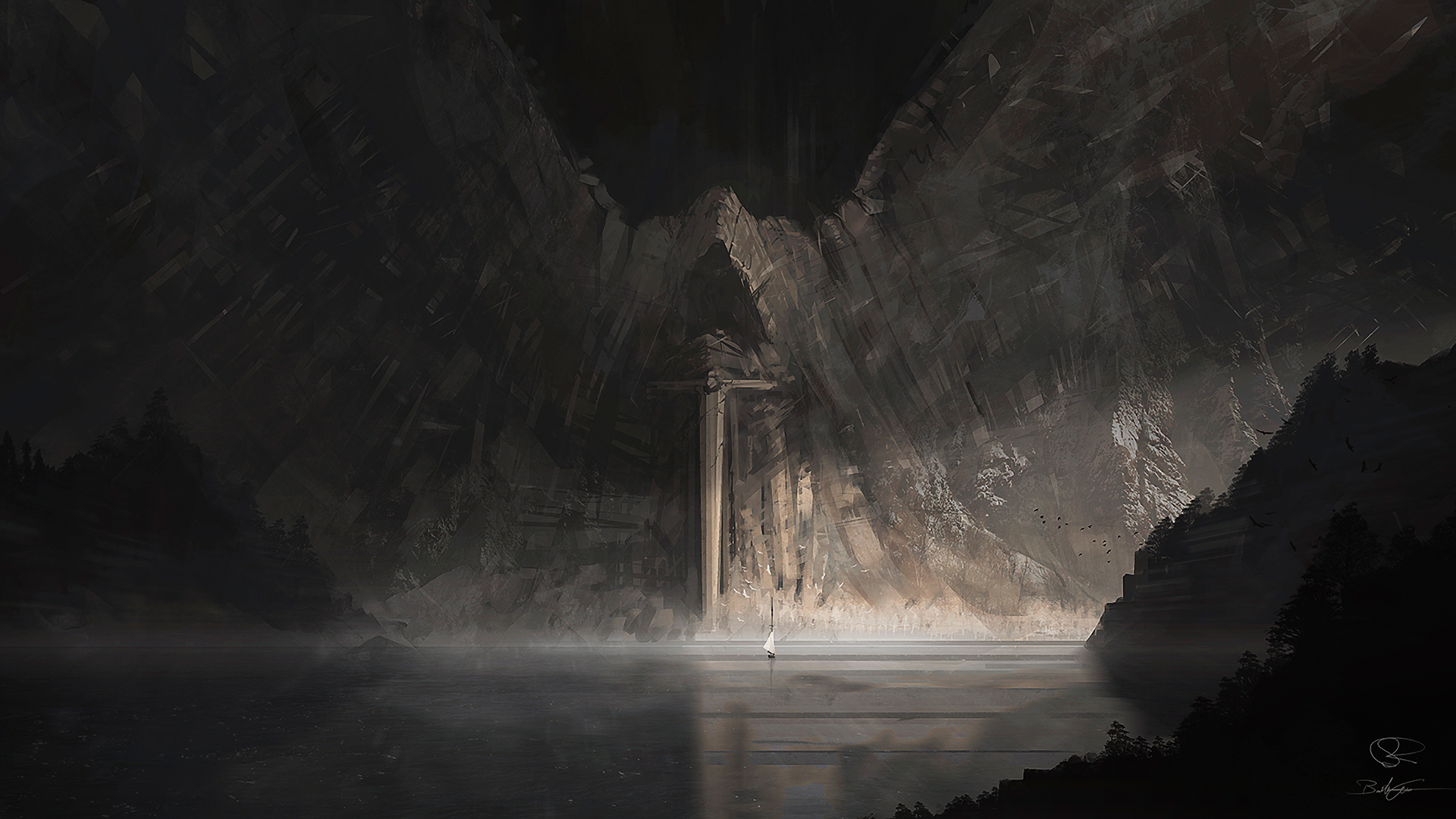 Fantasy art of a boat in a cave with a large structure HD Wallpaper