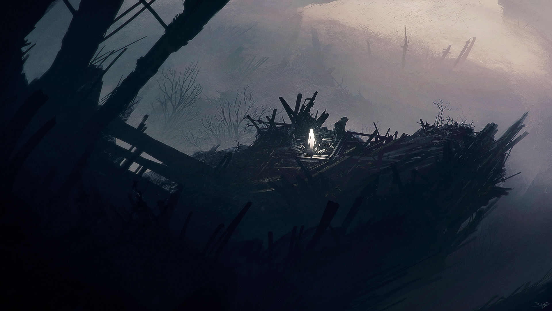 Fantasy art of a glowing object in ruins HD Wallpaper
