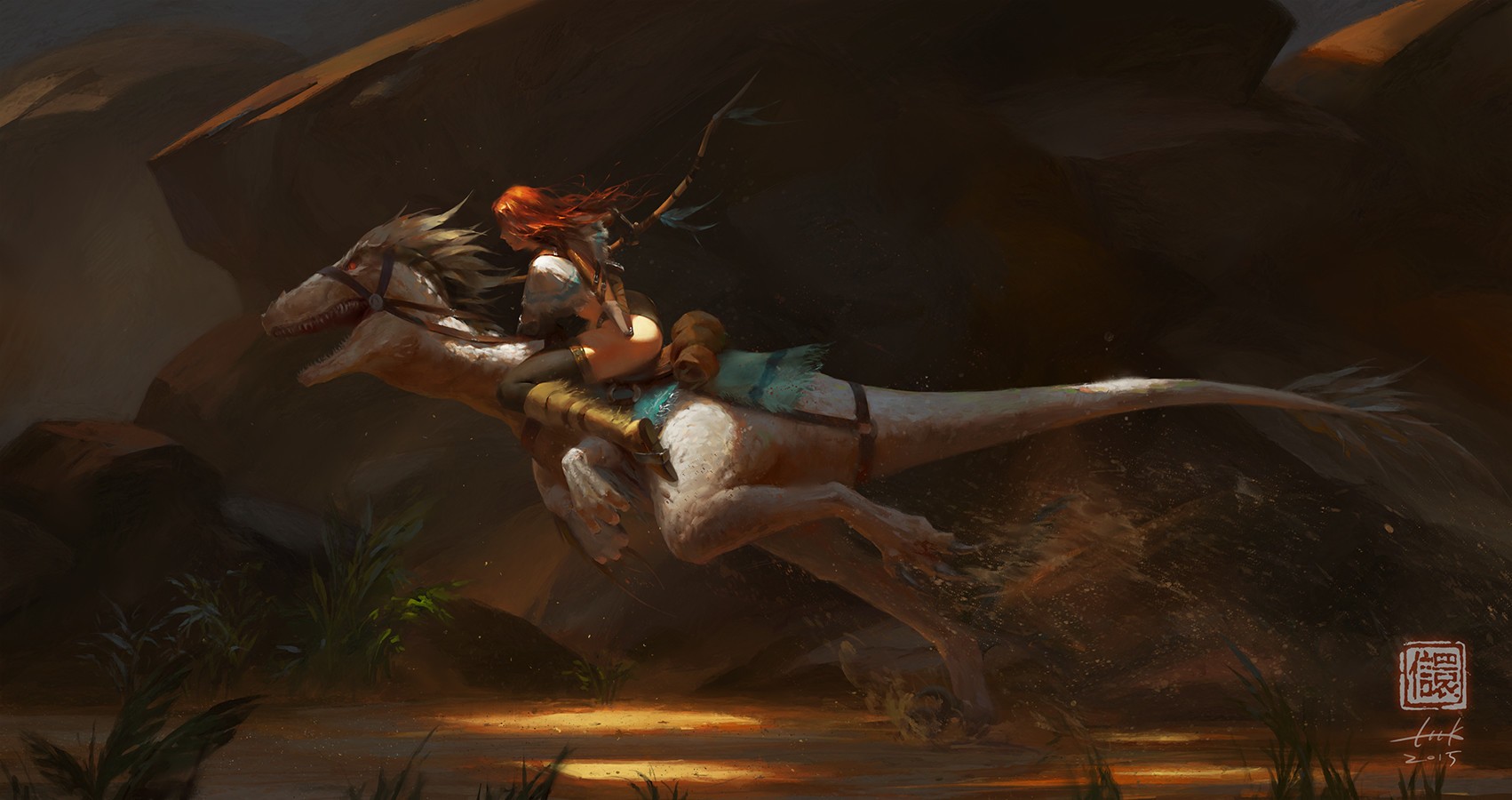 Girl riding a dinosaur in a desert landscape HD Wallpaper