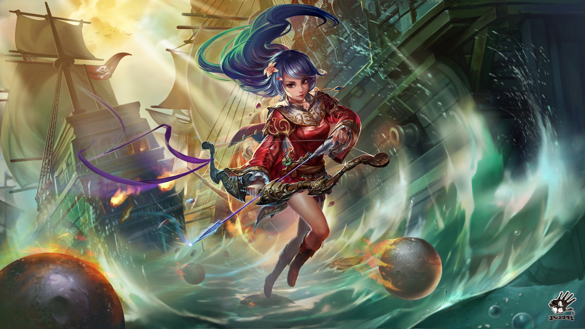 Fantasy Archer Girl on Pirate Ships HD Wallpaper