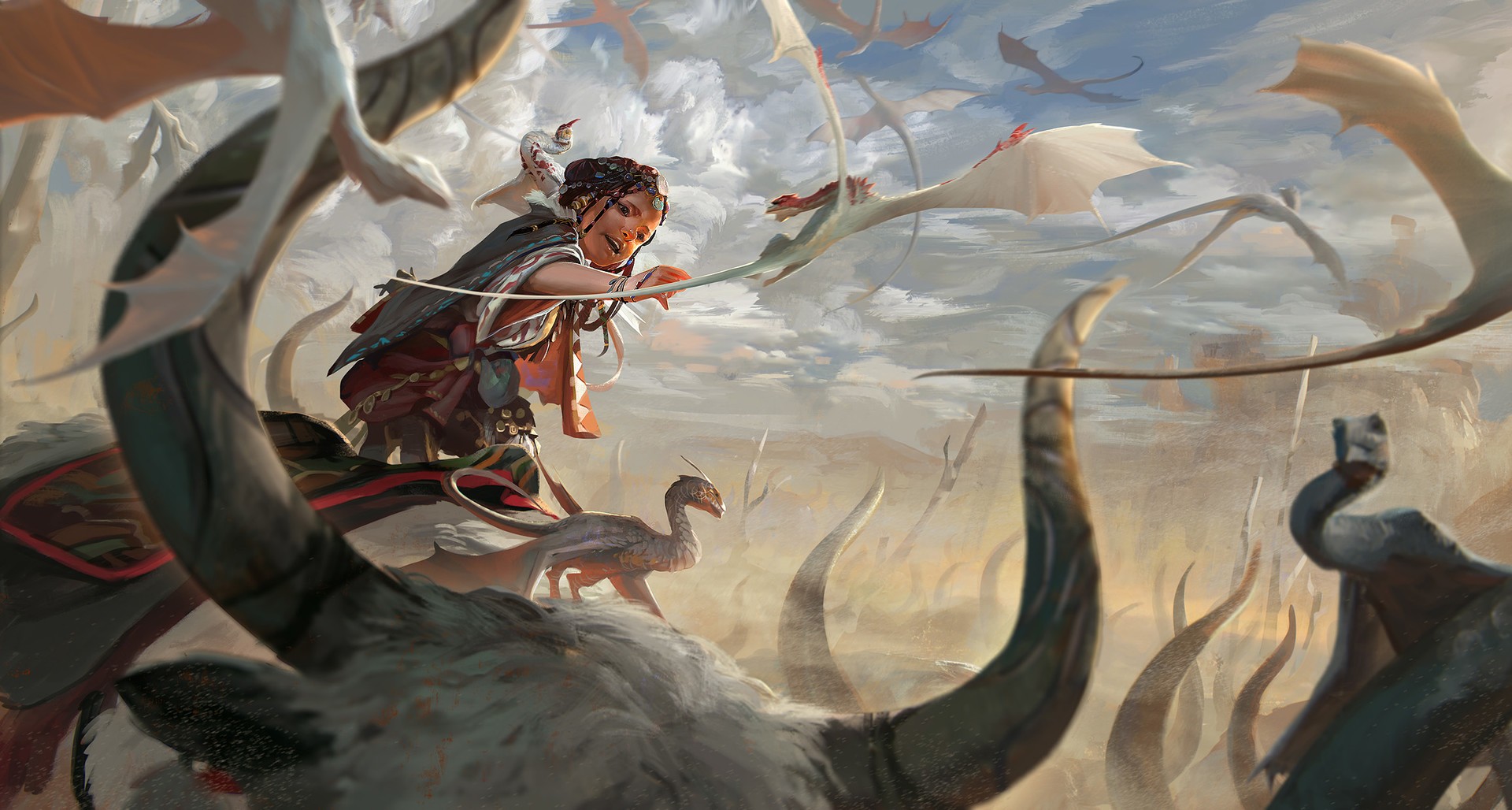Girl riding a beast with dragons flying around HD Wallpaper