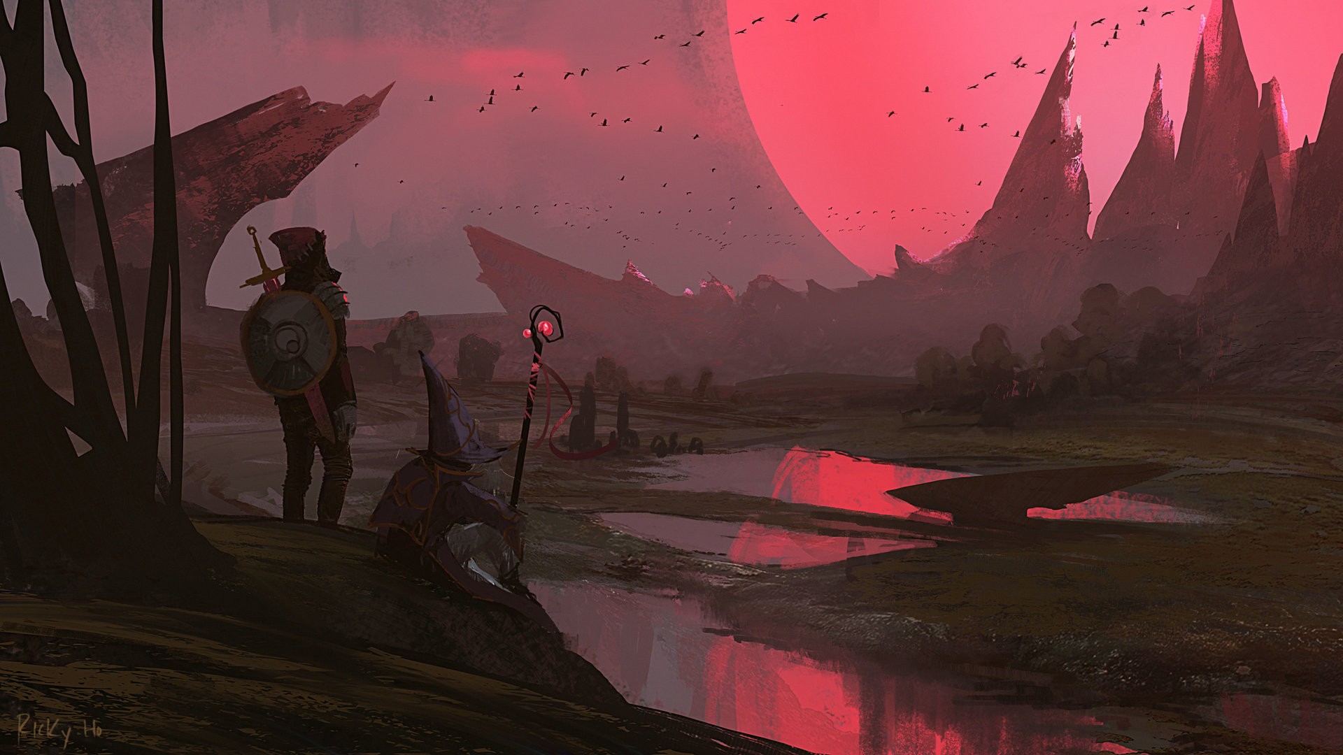 Fantasy landscape with two figures and a red sun HD Wallpaper