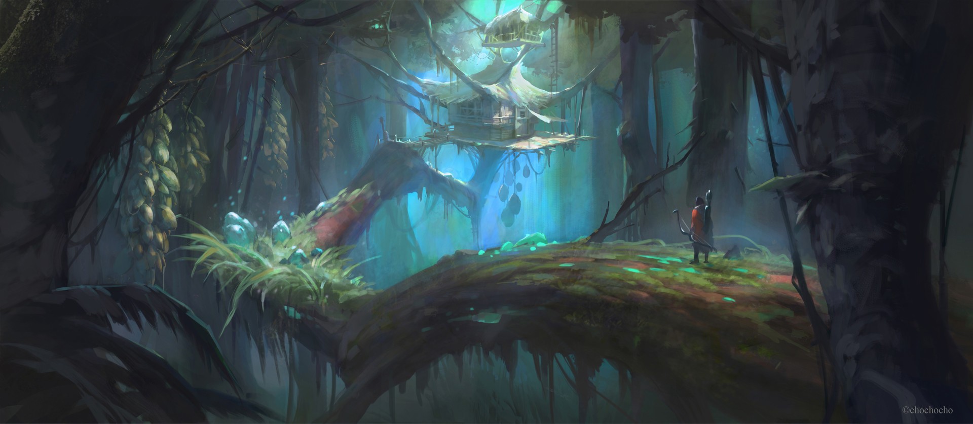 Fantasy forest with a treehouse and a person with a bow HD Wallpaper