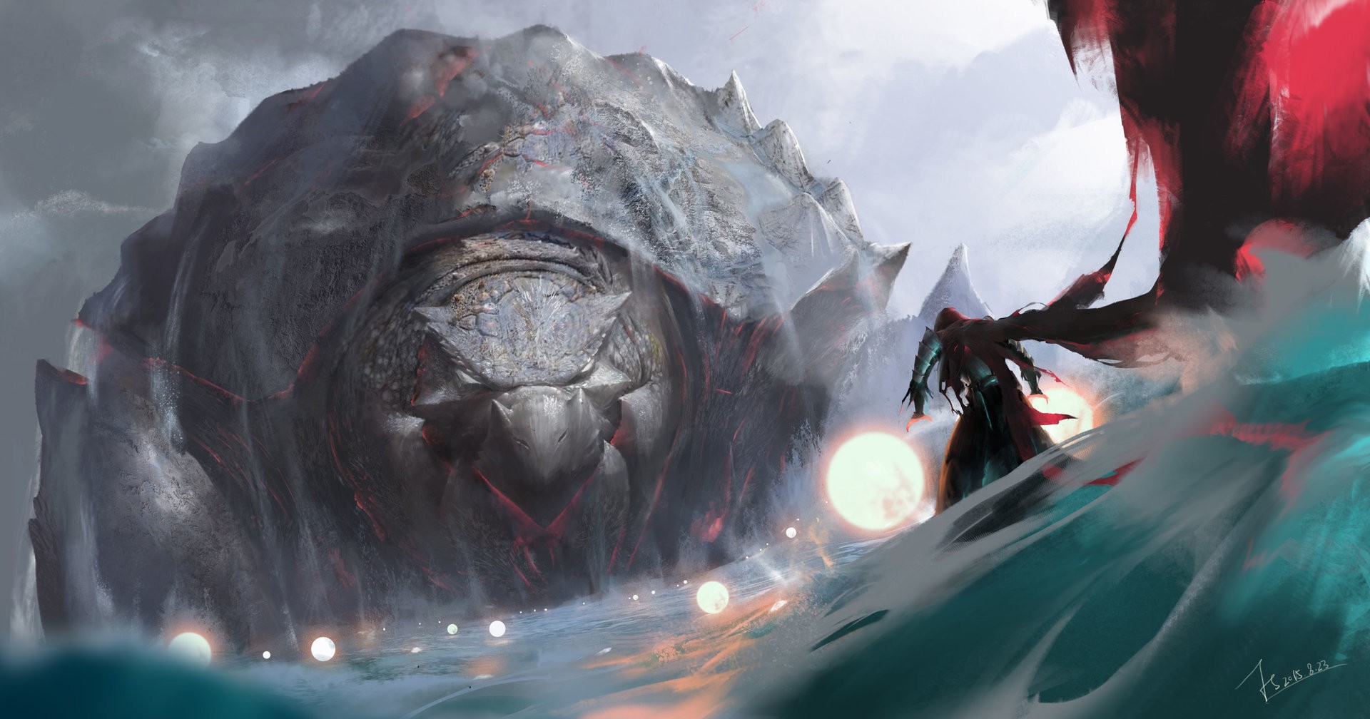 Fantasy art of a giant creature and a warrior HD Wallpaper
