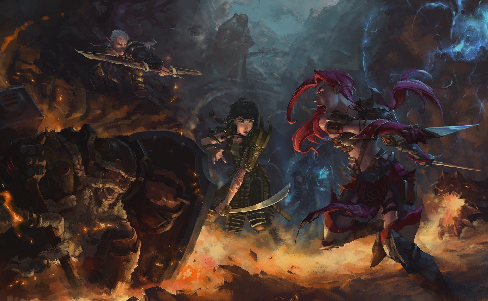 League of Legends characters in a battle scene HD Wallpaper