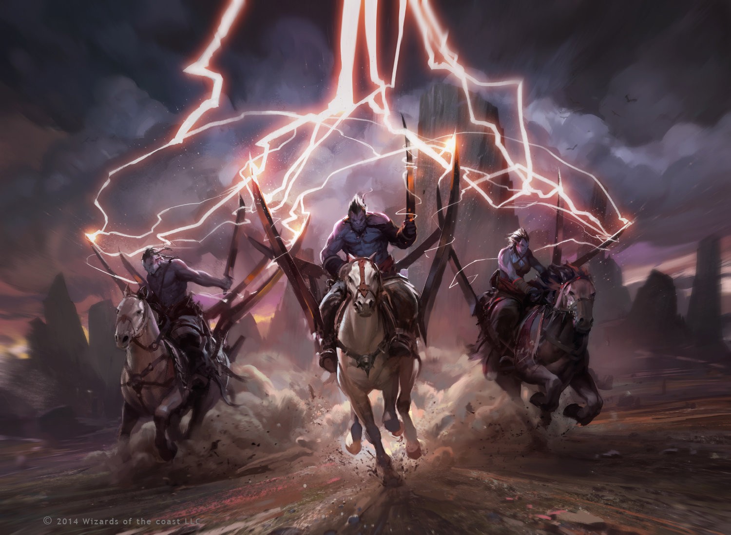 Three warriors on horseback under lightning HD Wallpaper
