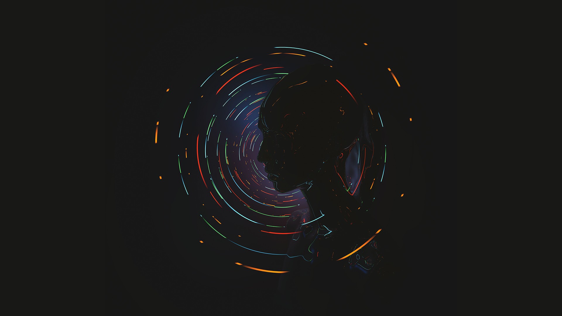 Silhouette of a head with colorful light trails HD Wallpaper