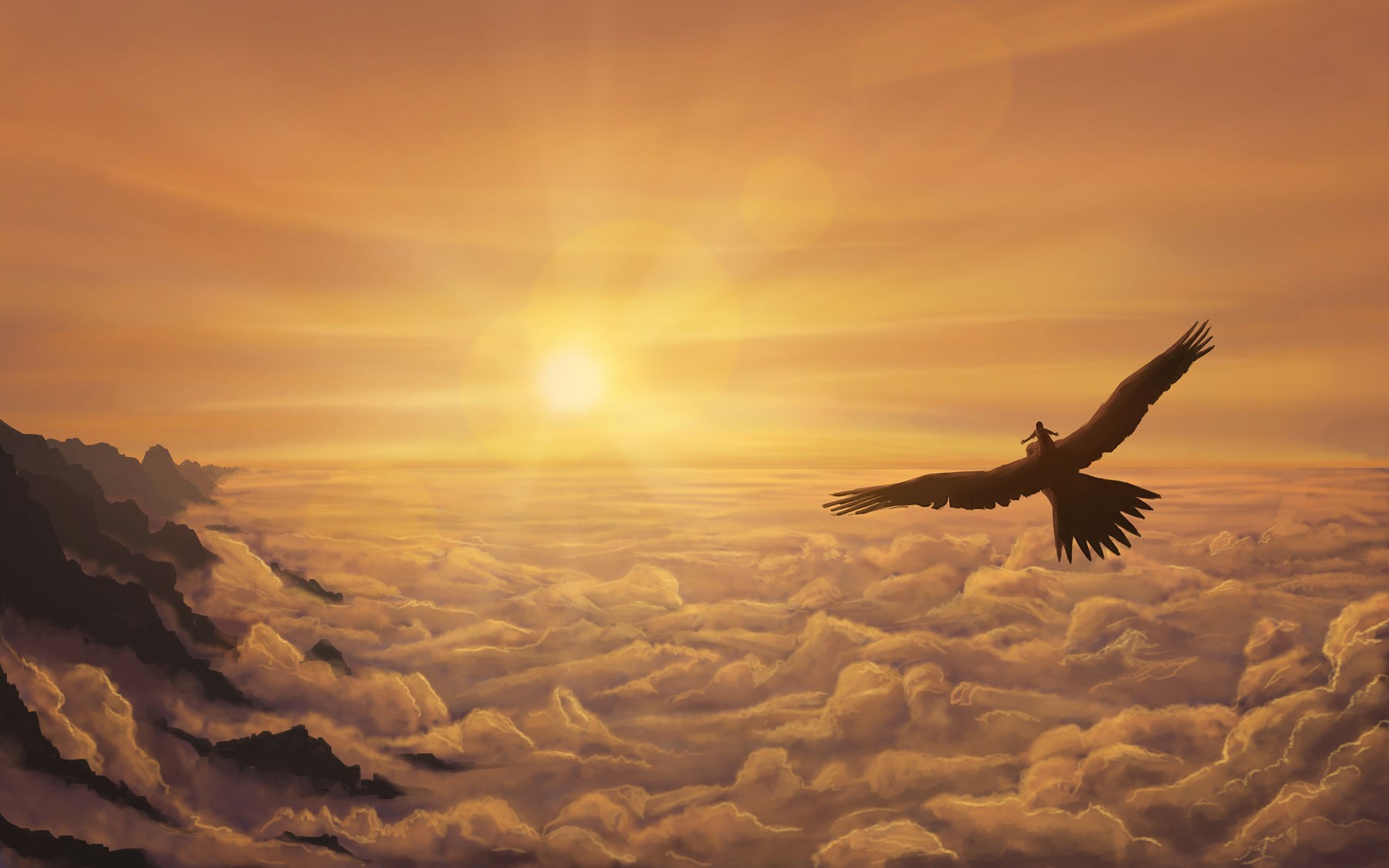 A person rides a giant bird over clouds at sunset HD Wallpaper