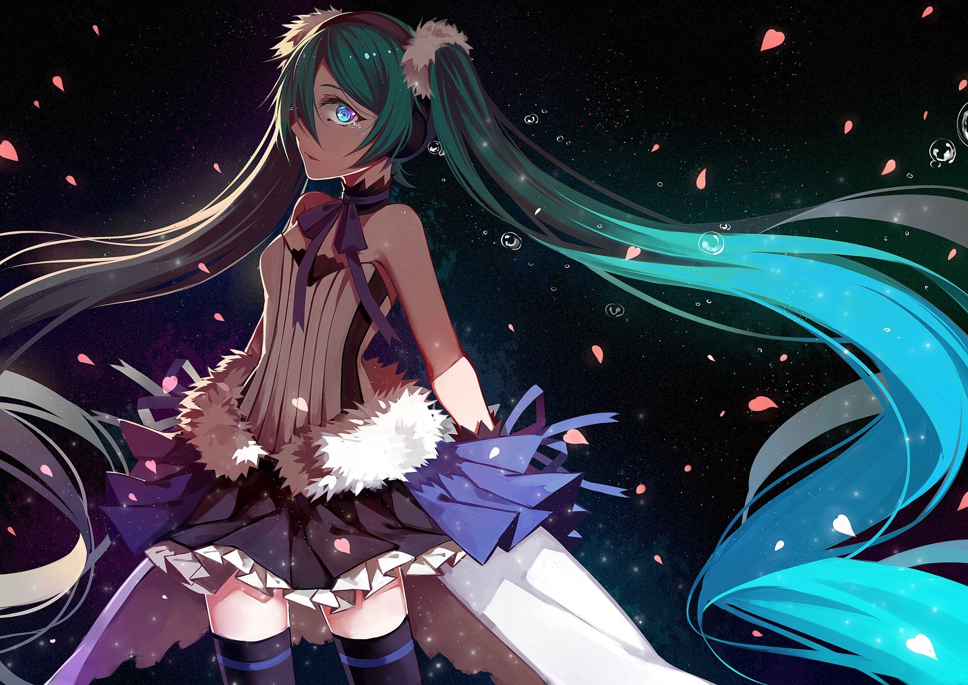 Hatsune Miku in a dark, starry background HD Wallpaper