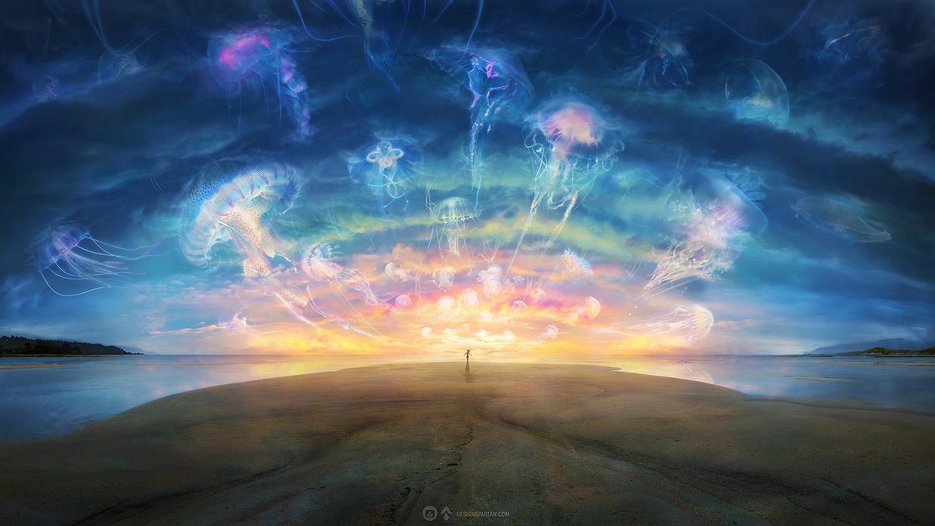 Fantasy art of jellyfish in the sky over a beach HD Wallpaper