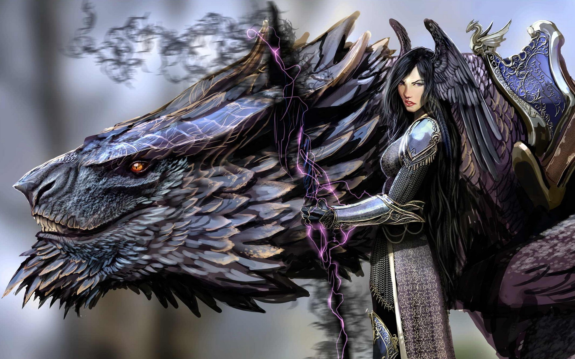 Fantasy art of a woman and a dragon HD Wallpaper
