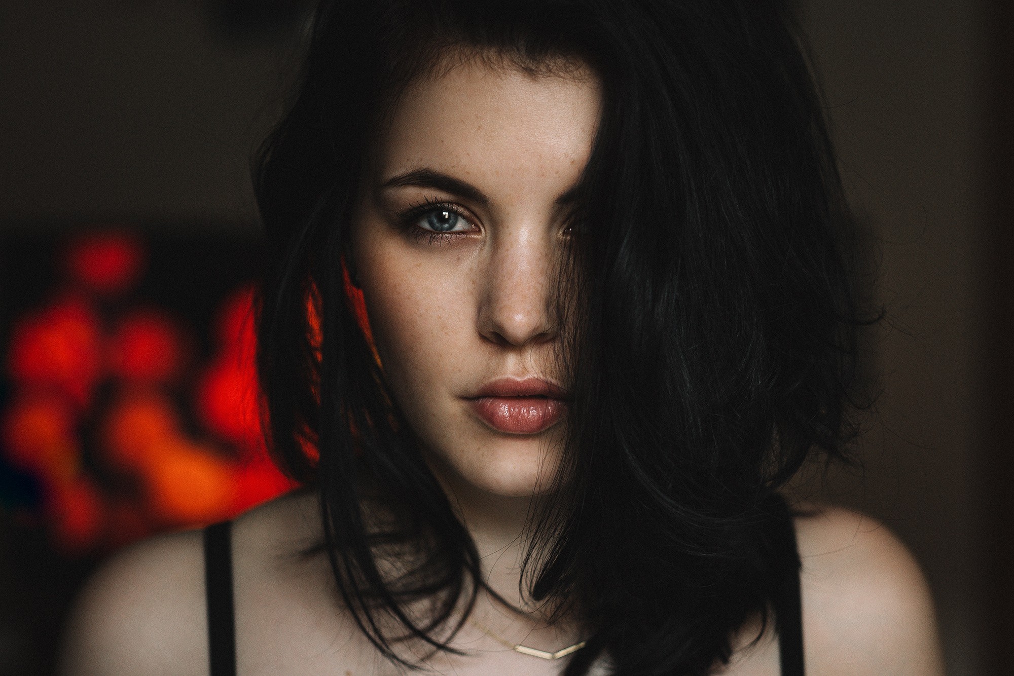 Woman with dark hair and blue eyes HD Wallpaper