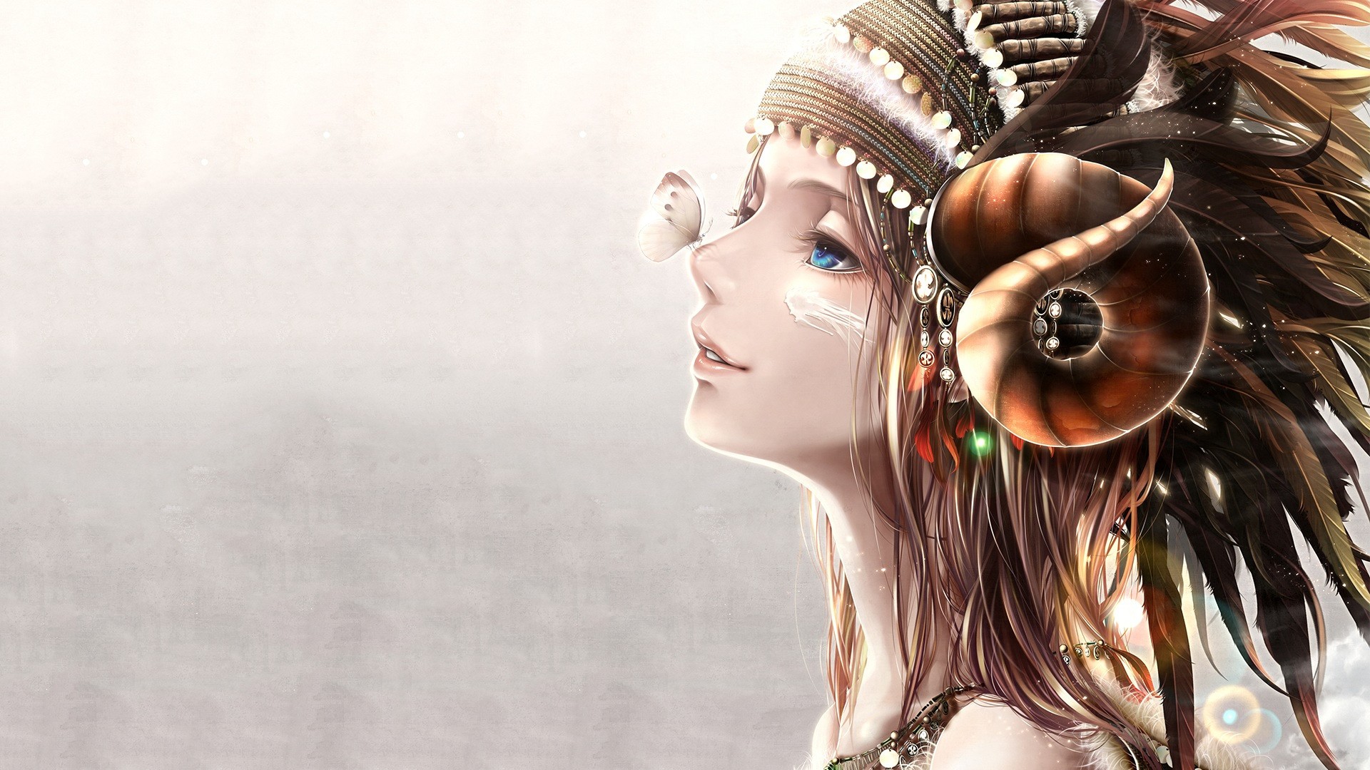 Anime girl with horns and butterfly HD Wallpaper