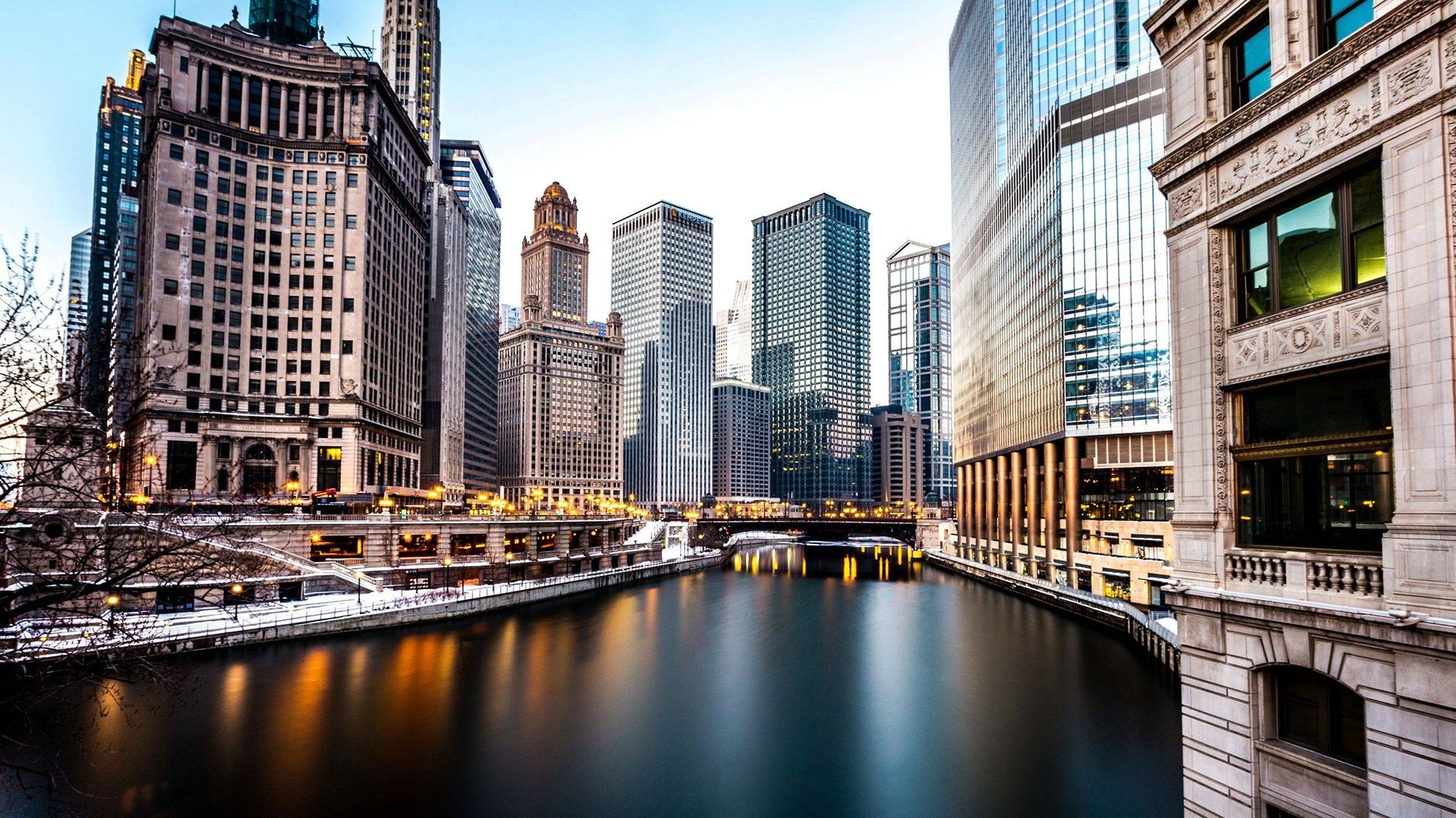 Chicago River with skyscrapers and long exposure HD Wallpaper