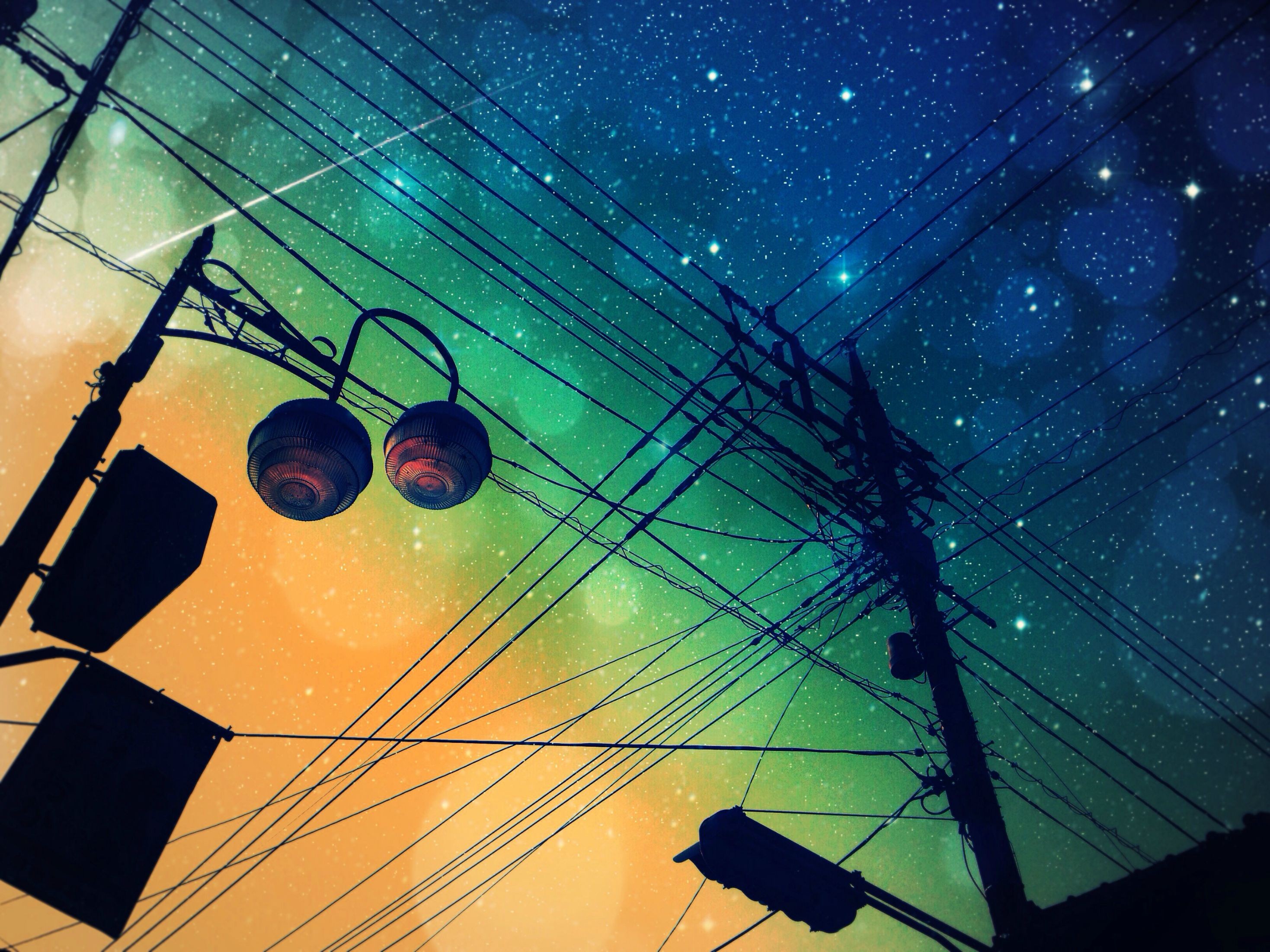 Streetlights and wires against a starry night sky HD Wallpaper