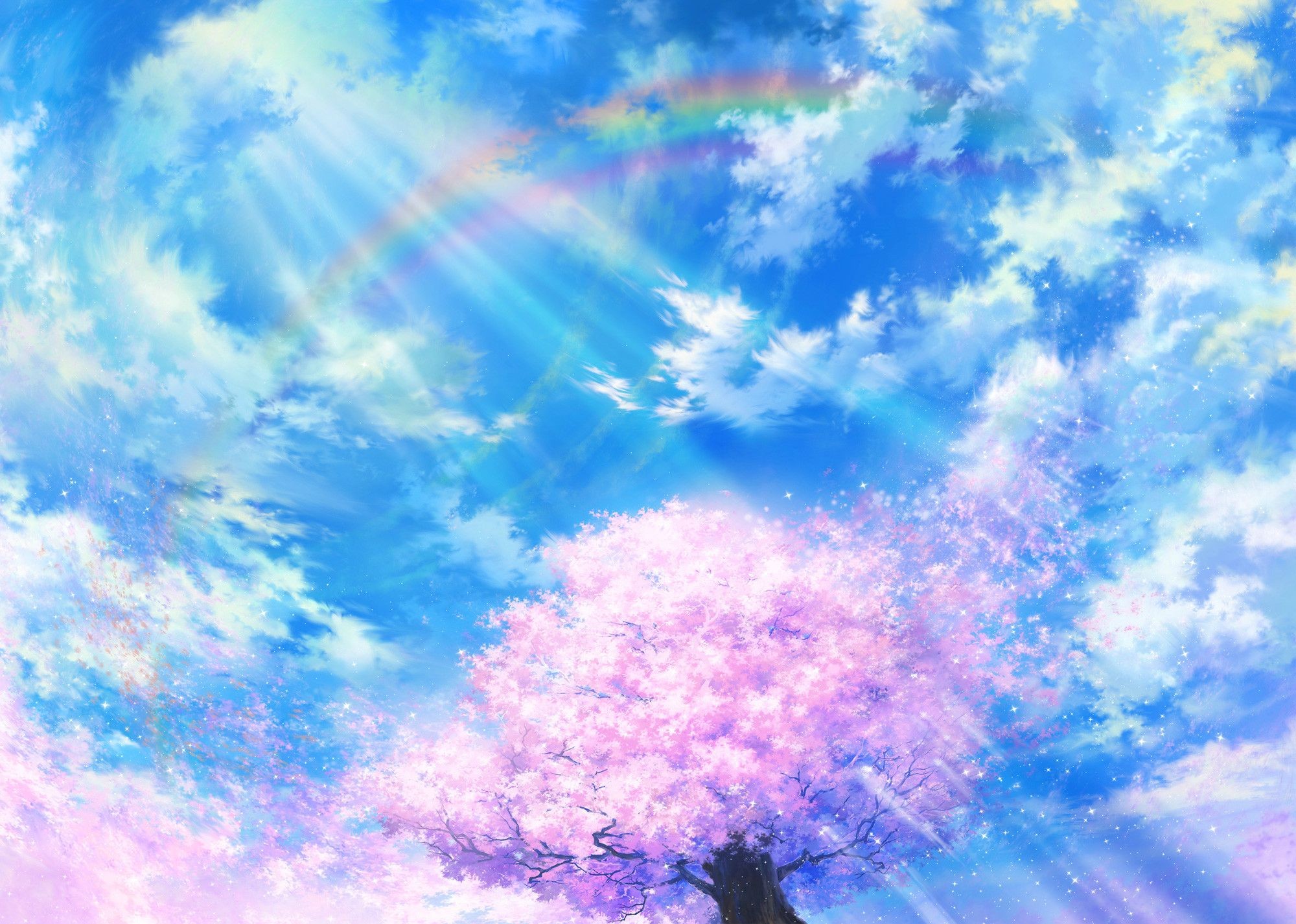 A fantasy sky with a rainbow and a cherry blossom tree HD Wallpaper