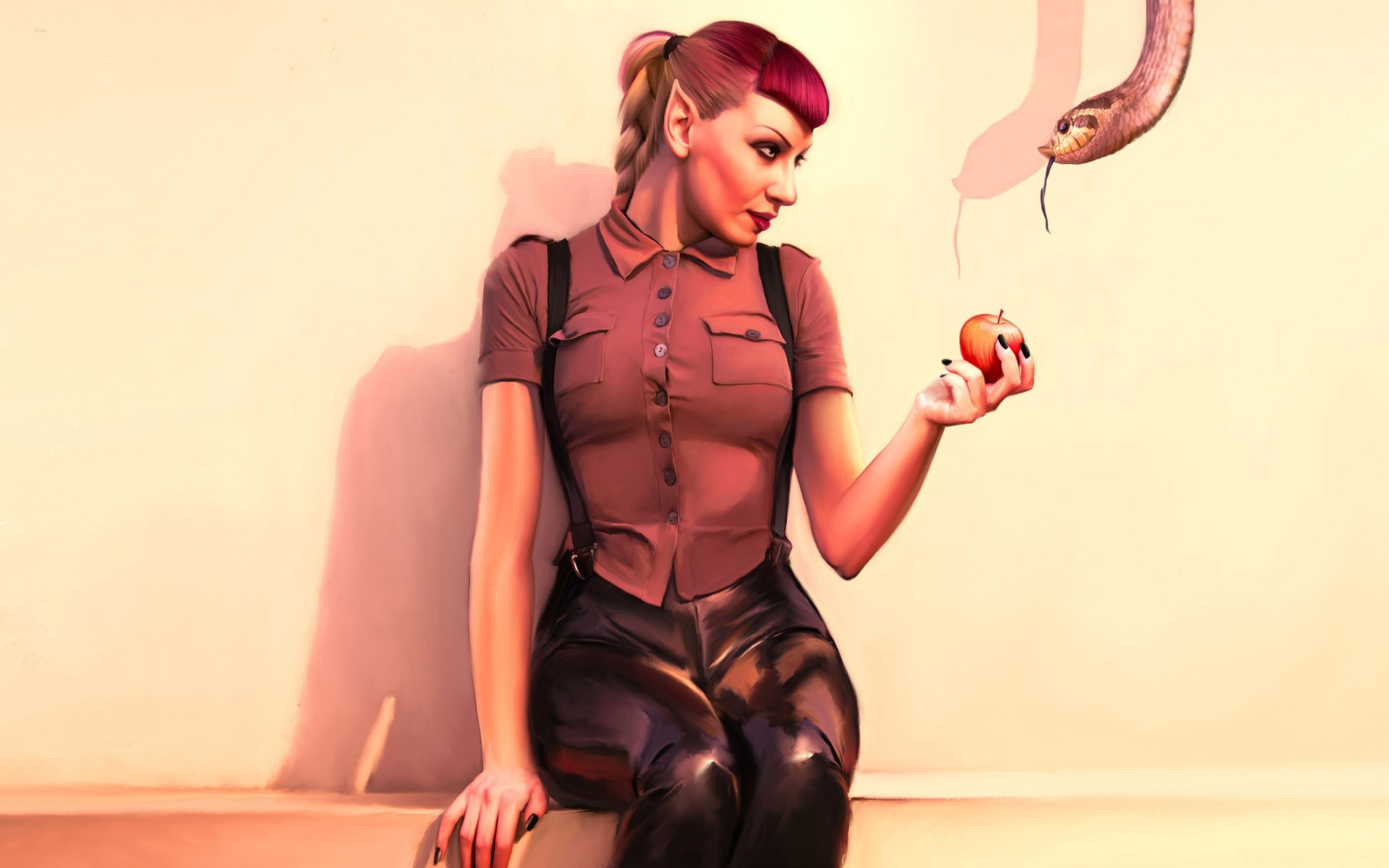 Fantasy art of an elf with an apple and a snake HD Wallpaper