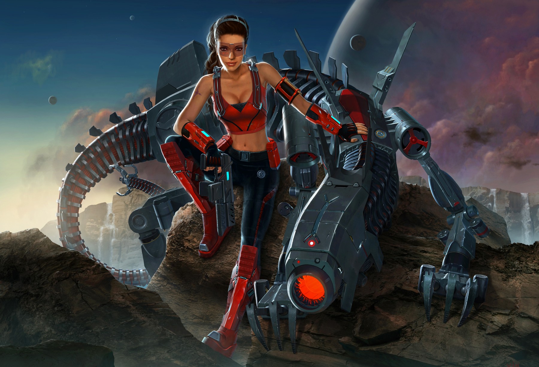 Woman in red outfit with a robot dinosaur HD Wallpaper