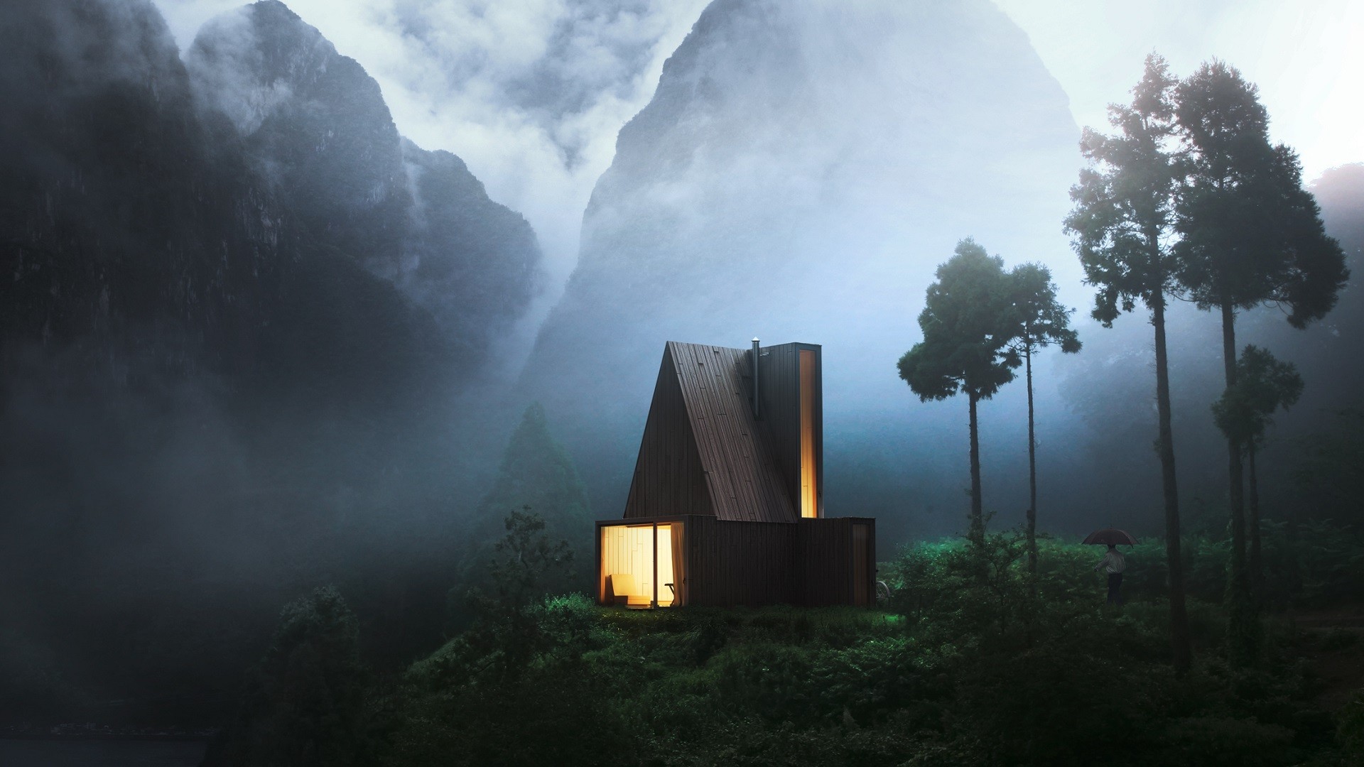 A modern house in a misty mountain forest HD Wallpaper