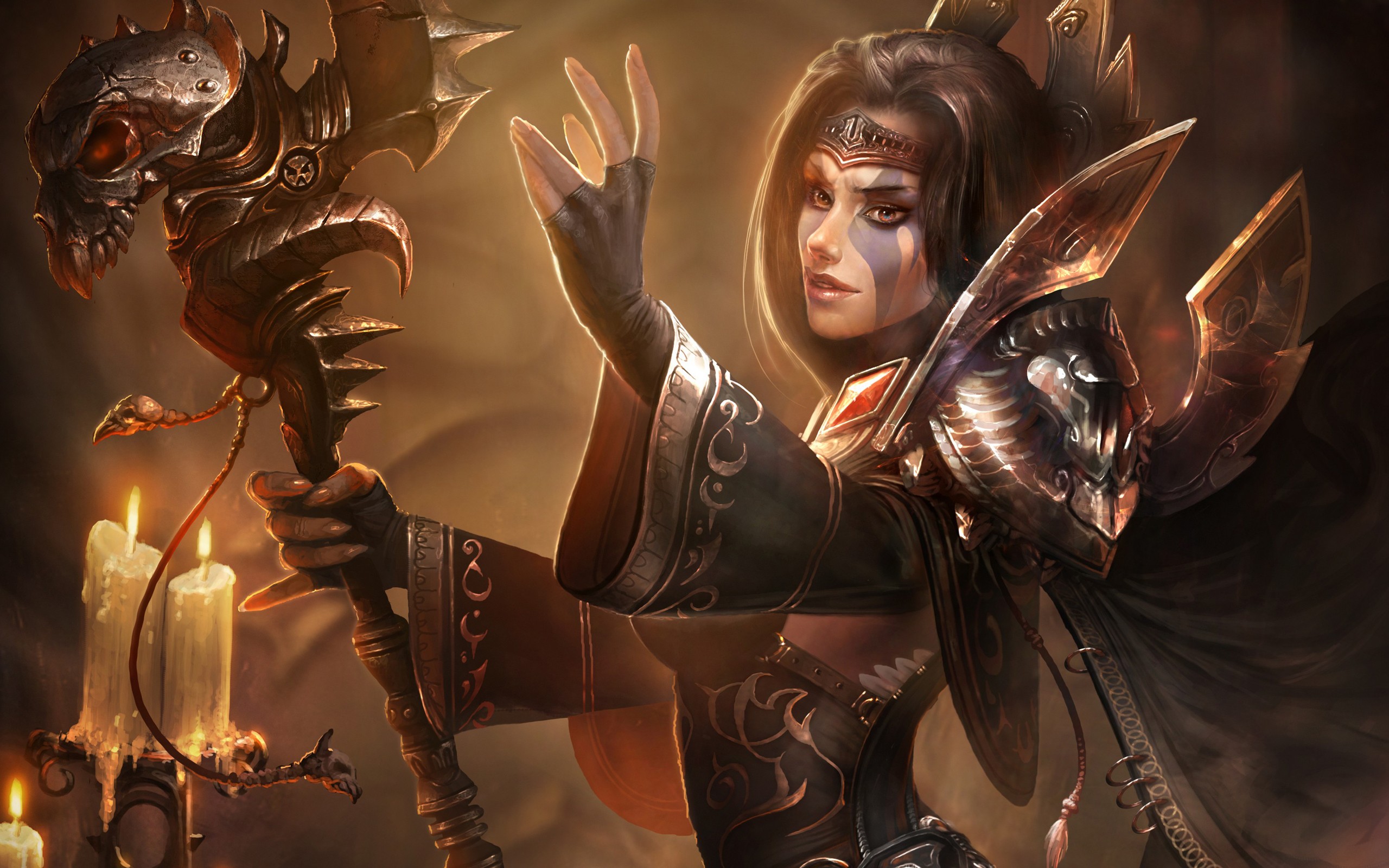 Fantasy sorceress with a skull staff and candles HD Wallpaper