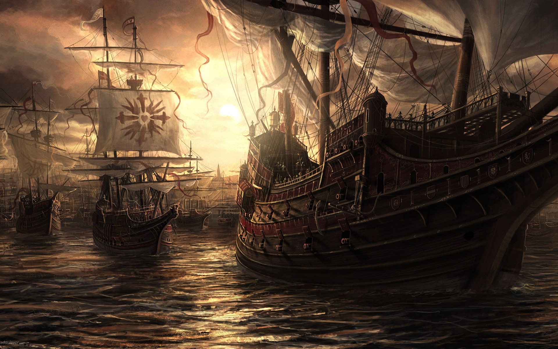 Fantasy fleet of ships at sunset HD Wallpaper