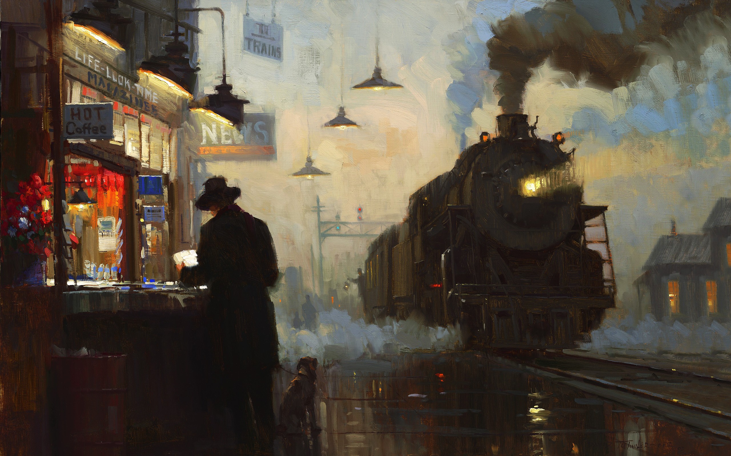 Train station scene with a man and a dog HD Wallpaper