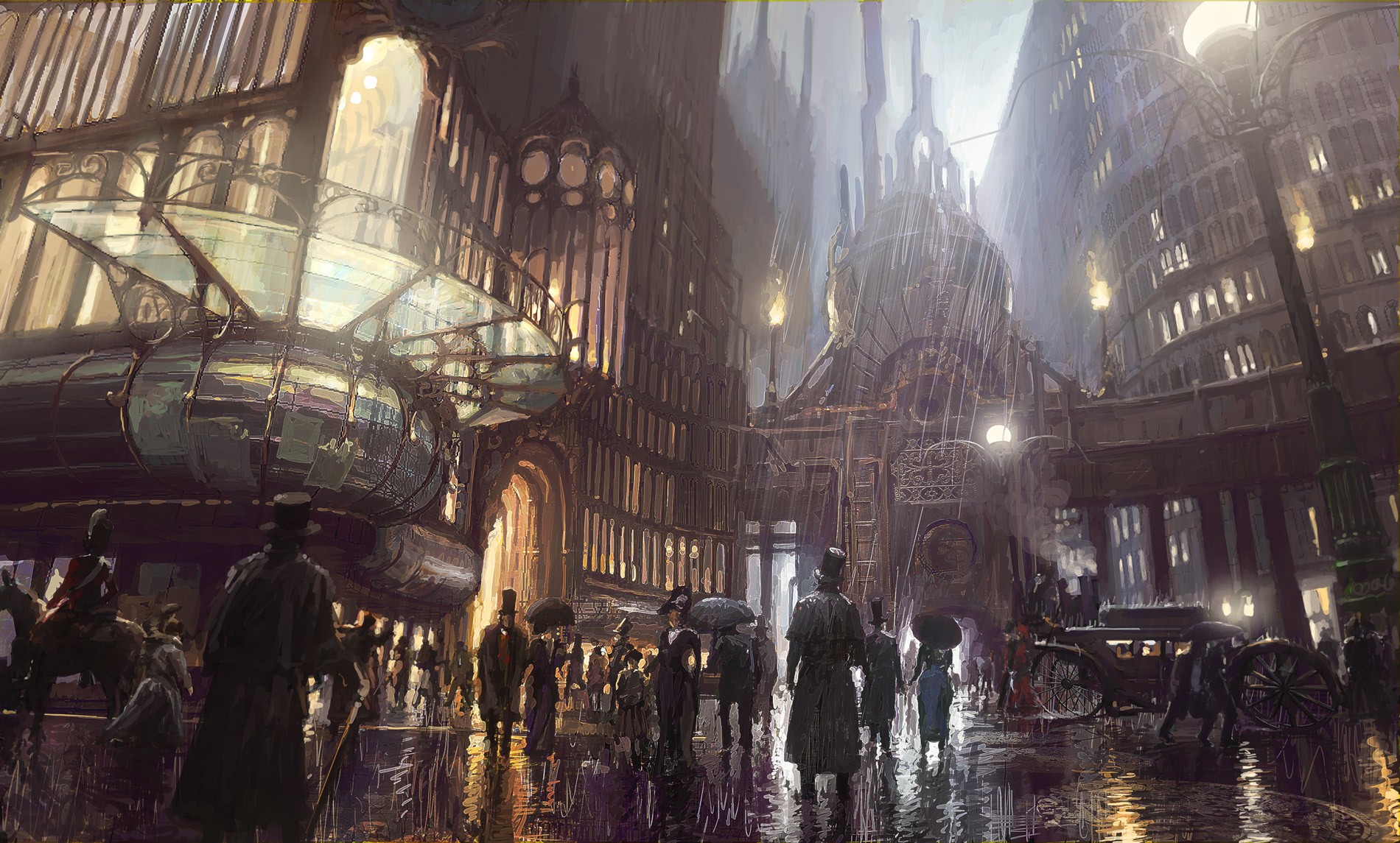 Steampunk city street in the rain HD Wallpaper
