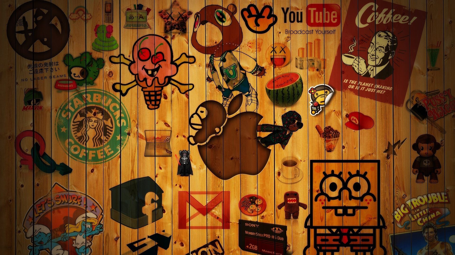 Collage of pop culture icons on a wooden wall HD Wallpaper