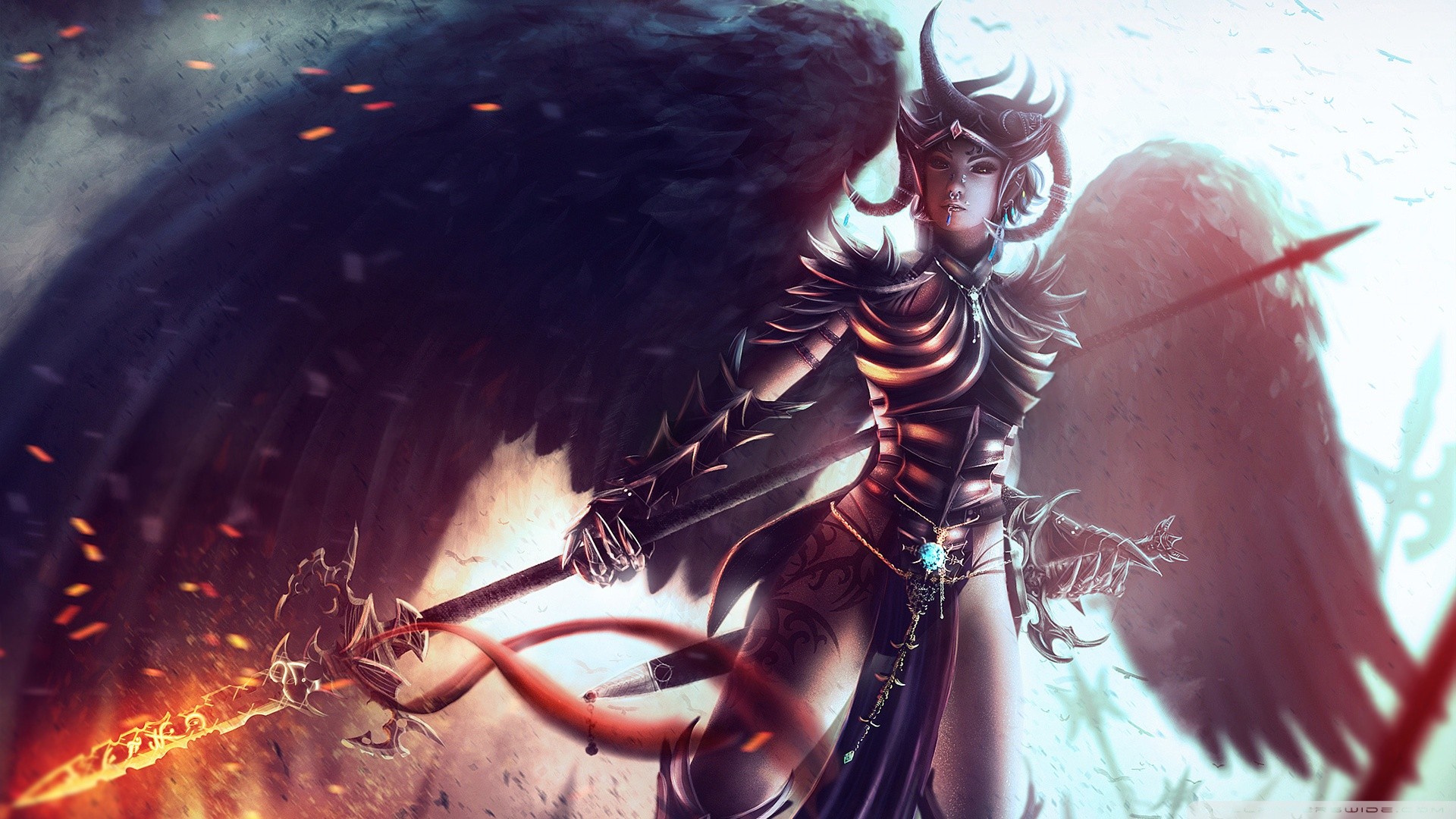 Fantasy warrior with black wings and sword HD Wallpaper