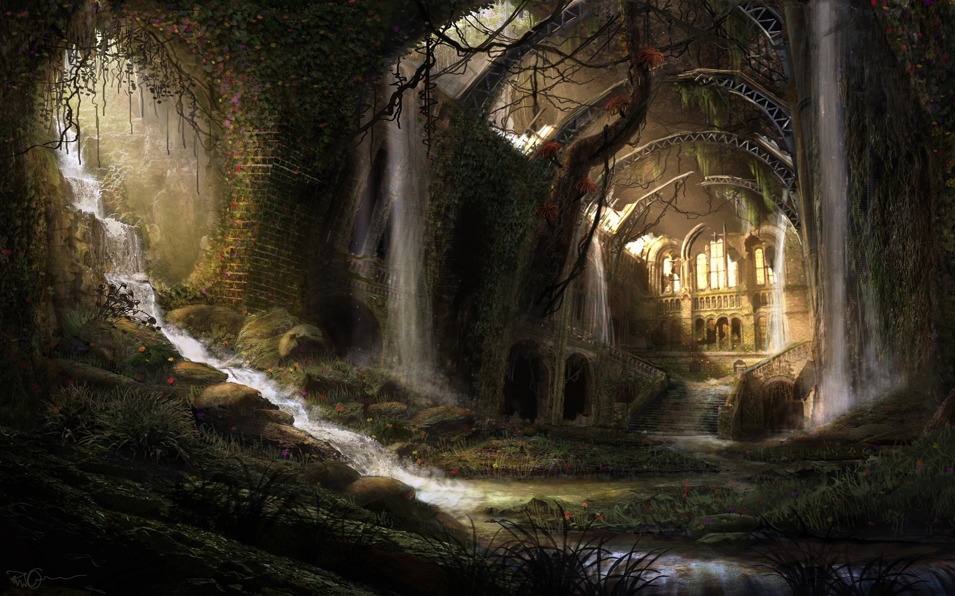 Abandoned fantasy ruins with waterfalls and overgrown nature HD Wallpaper