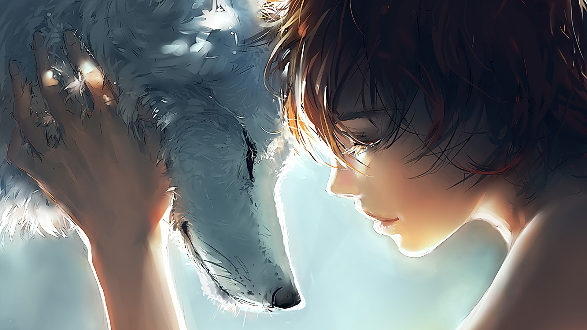 Girl and wolf in soft light HD Wallpaper