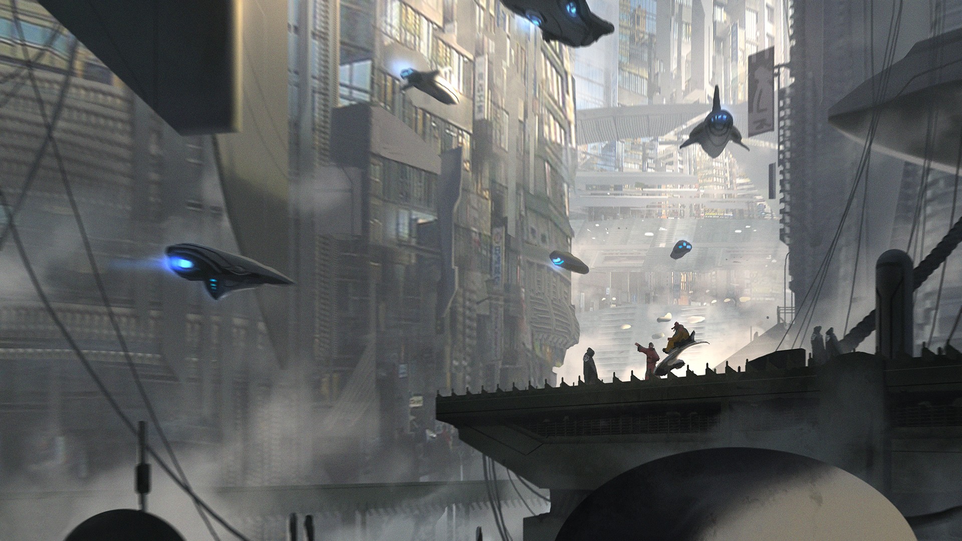 Futuristic city with flying spaceships HD Wallpaper