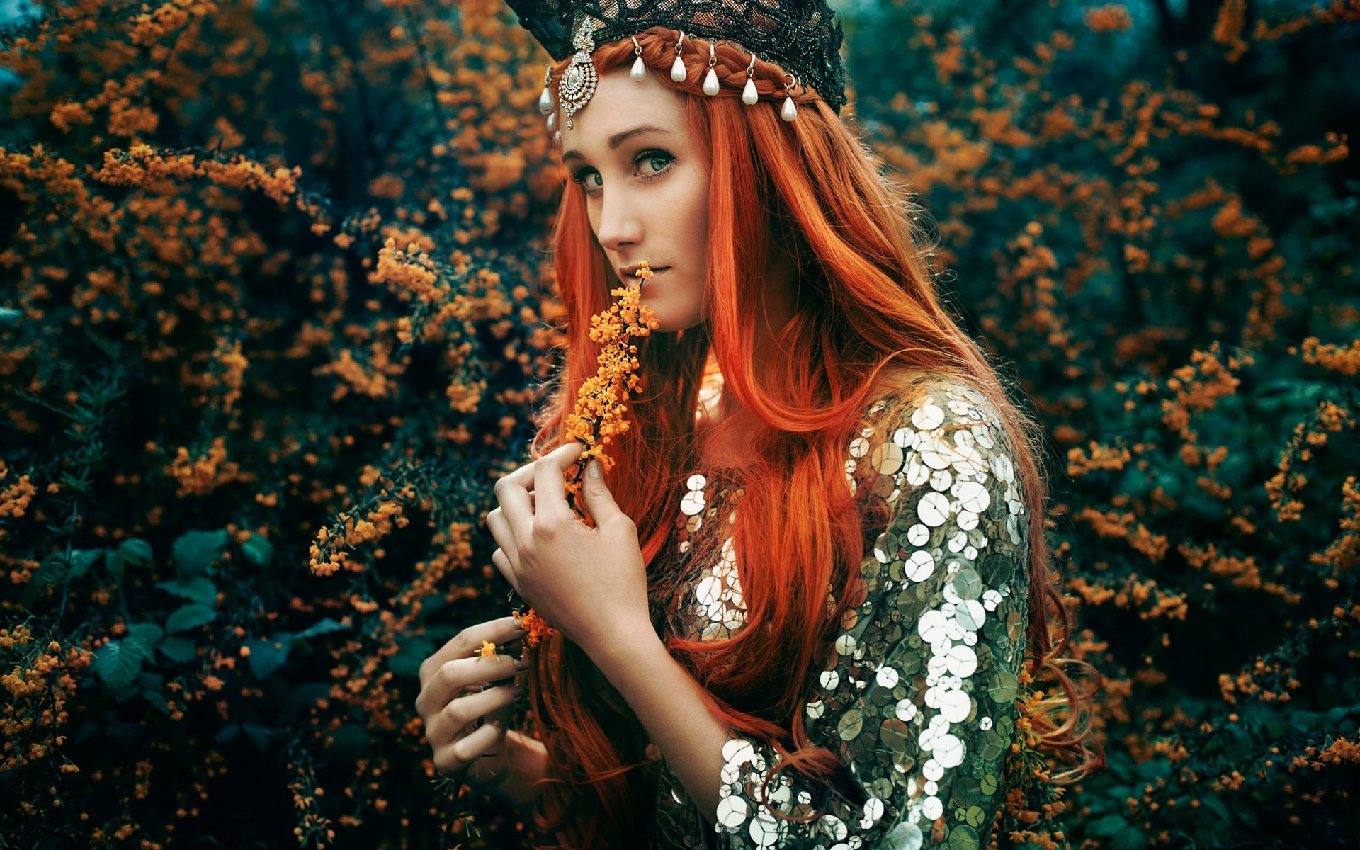 Redhead woman with crown and sequined dress in nature HD Wallpaper