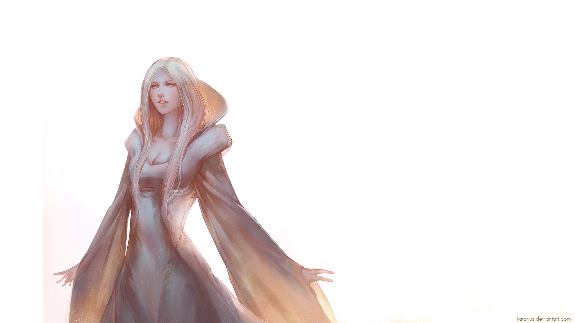 Fantasy art of a woman with white hair in a white dress HD Wallpaper