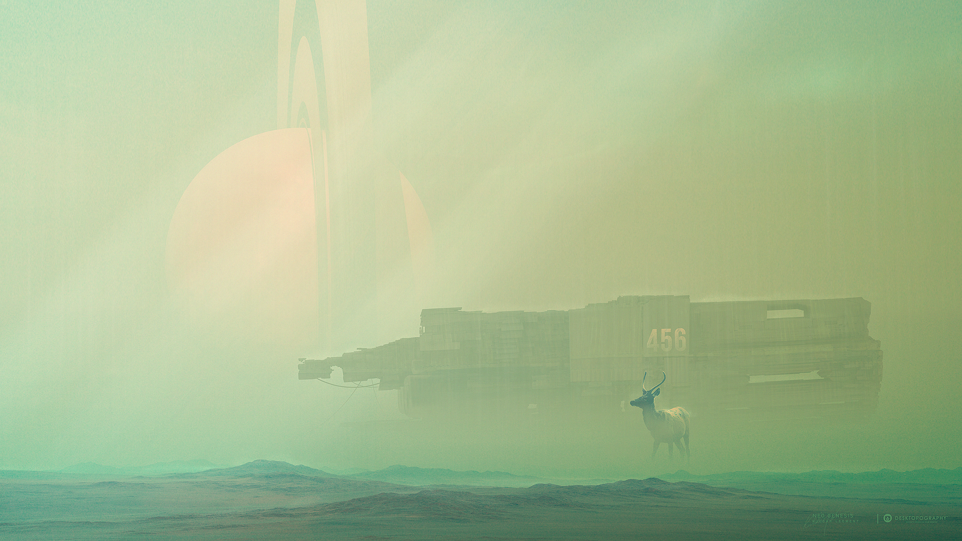Science fiction scene with deer and spaceship HD Wallpaper