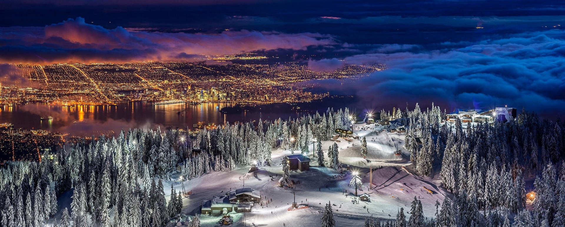Vancouver cityscape and ski resort at night HD Wallpaper