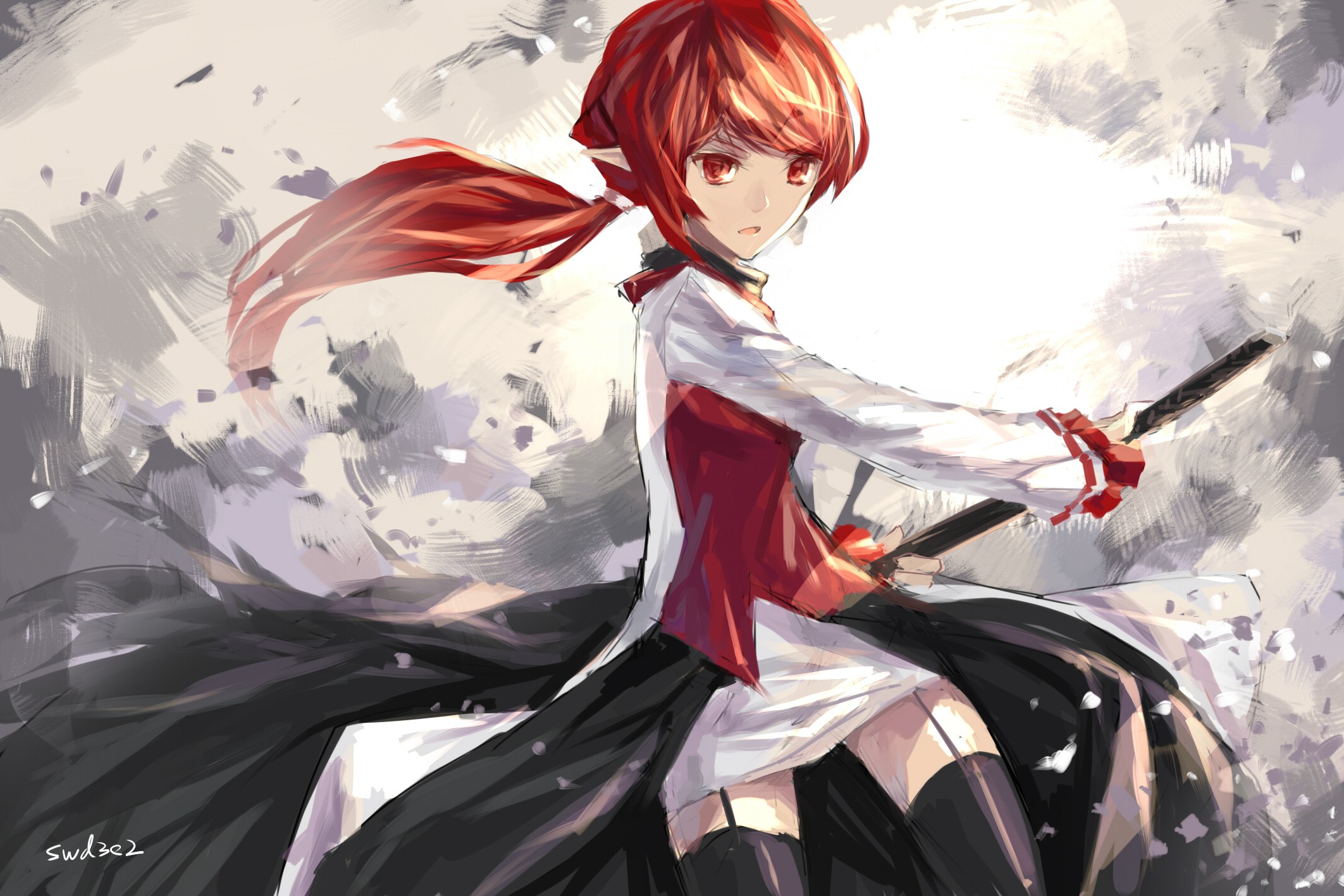 Anime girl with red hair and katana HD Wallpaper