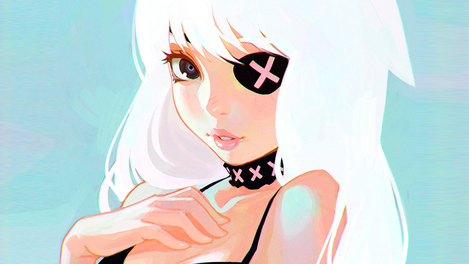 Anime girl with white hair and an eye patch HD Wallpaper