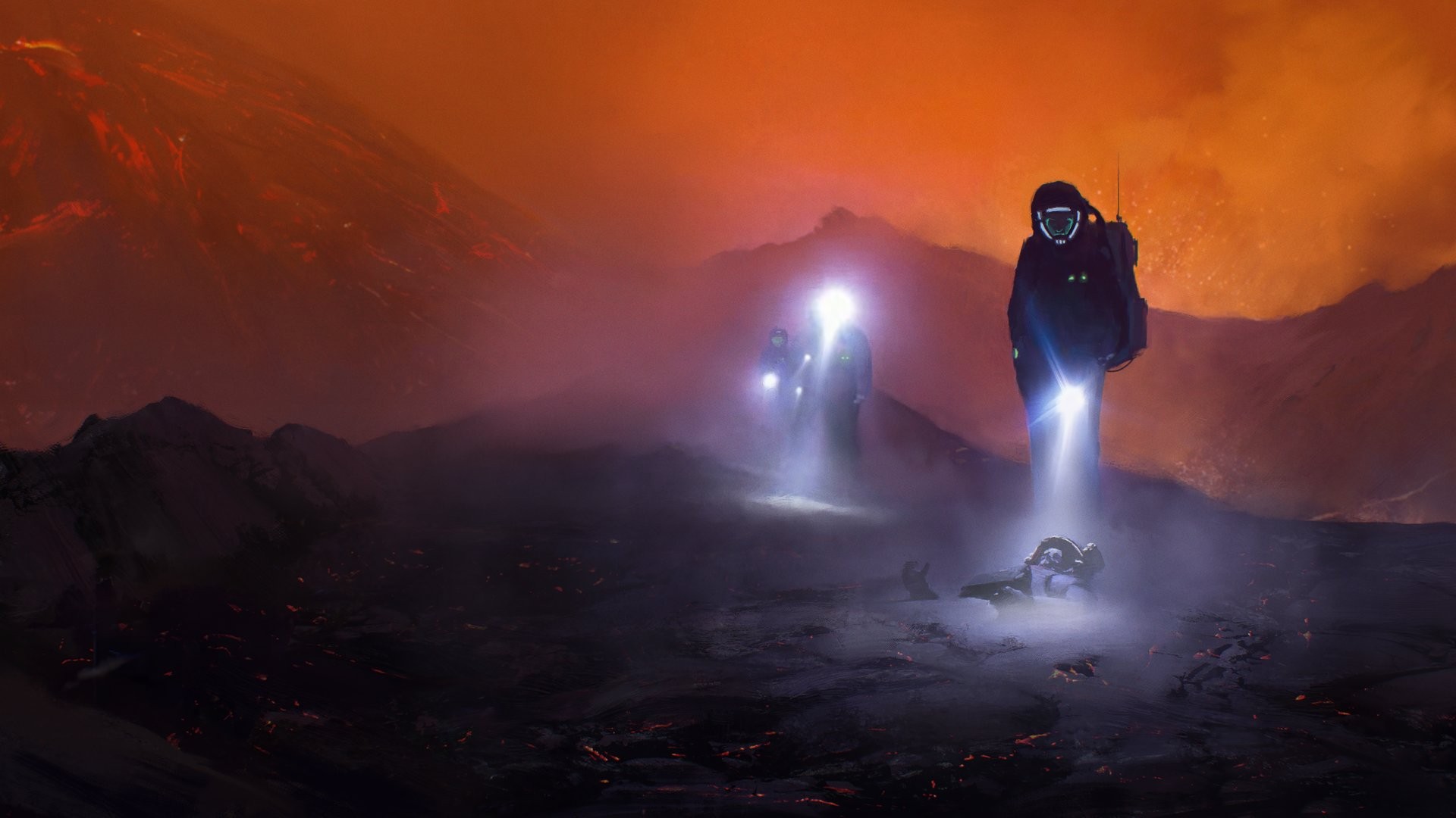 Astronauts exploring a volcanic landscape HD Wallpaper