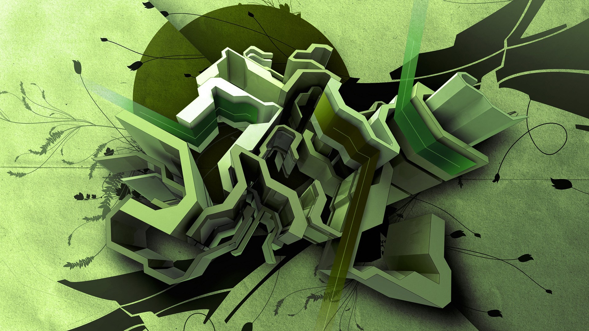 Abstract green geometric artwork with floral elements HD Wallpaper